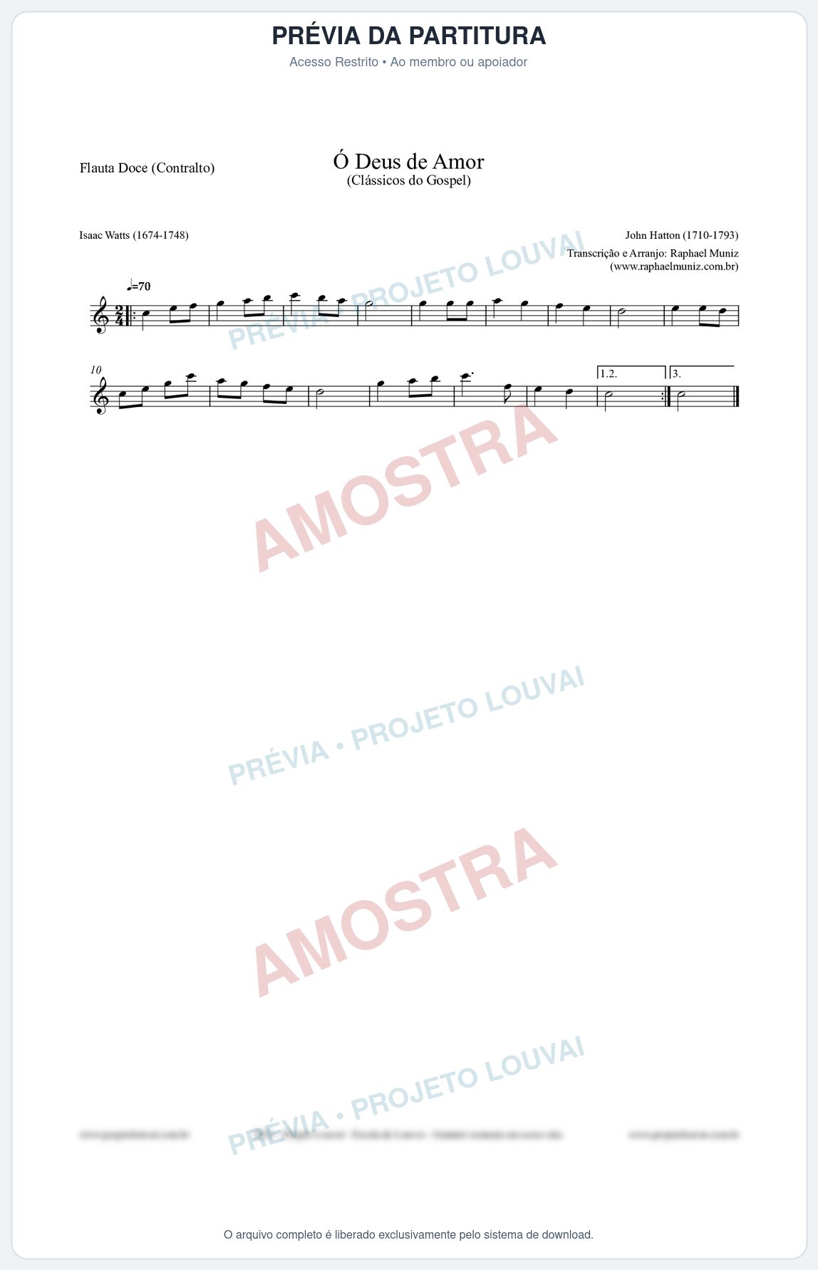 Prévia protegida da primeira página da partitura Partitura para Flauta Doce (Contralto) - Ó Deus de Amor - HA nº1 - Clássicos do Gospel