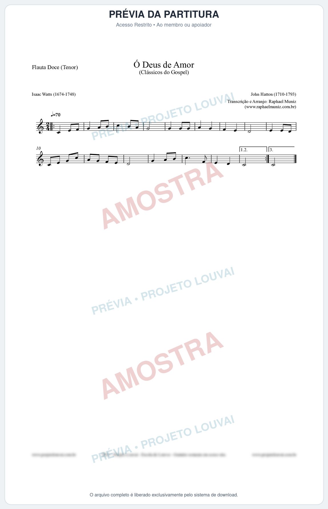 Prévia protegida da primeira página da partitura Partitura para Flauta Doce (Tenor) - Ó Deus de Amor - HA nº1 - Clássicos do Gospel