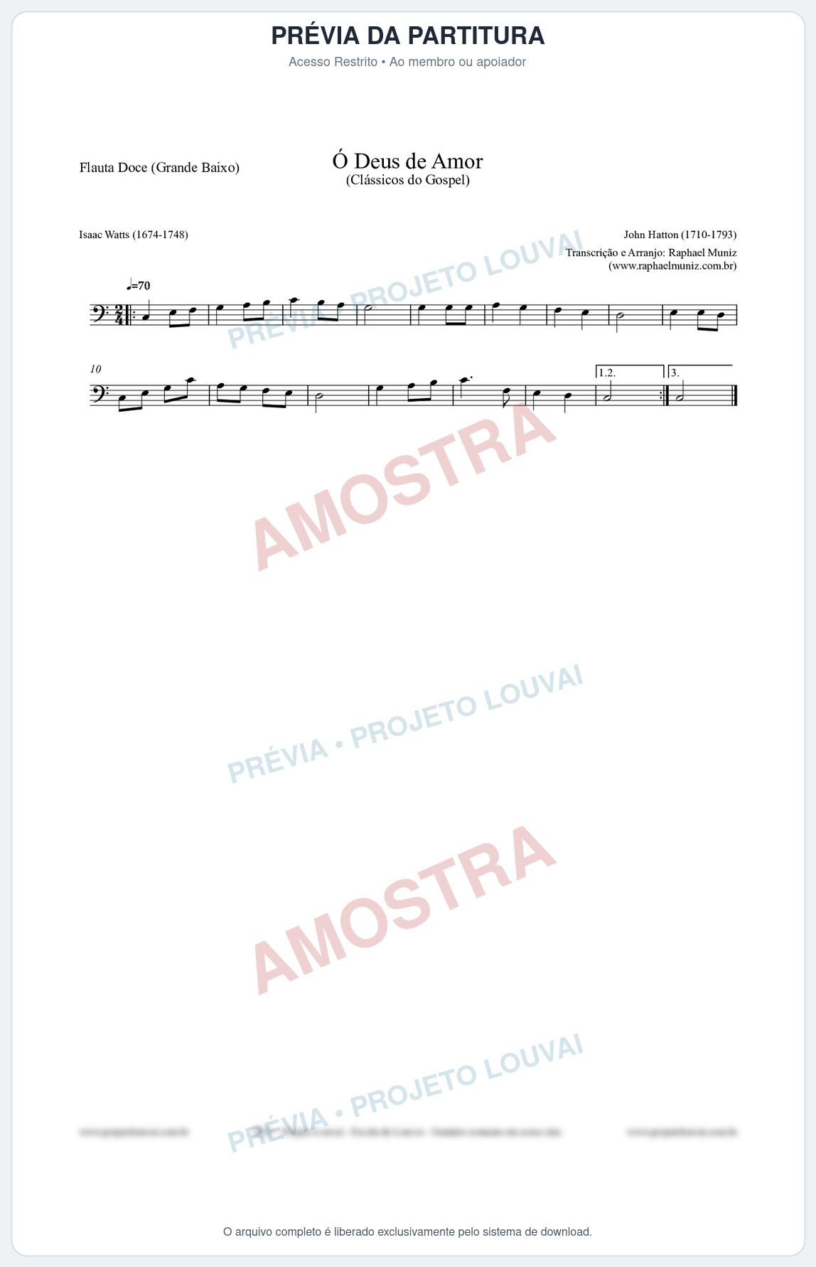 Prévia protegida da primeira página da partitura Partitura para Flauta Doce (Grande Baixo) - Ó Deus de Amor - HA nº1 - Clássicos do Gospel