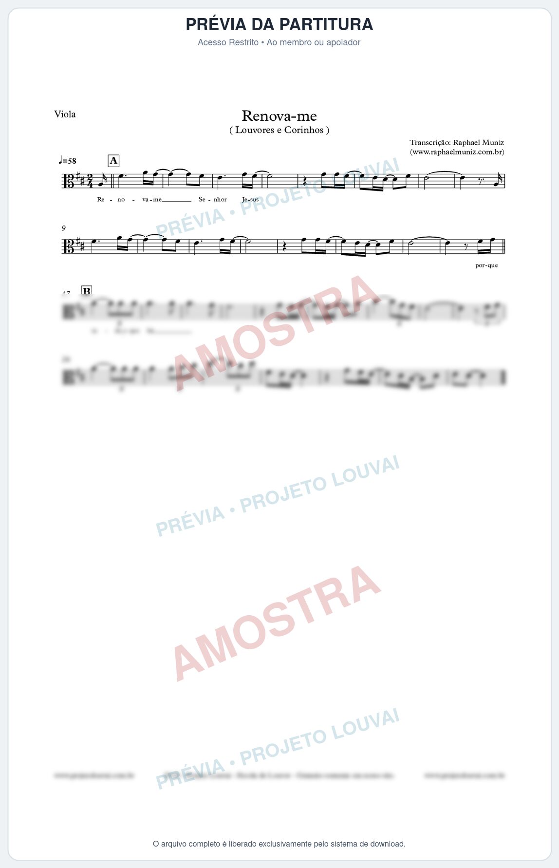 Prévia protegida da primeira página da partitura Partitura para Viola - Renova-me - Louvores e Corinhos Gospel