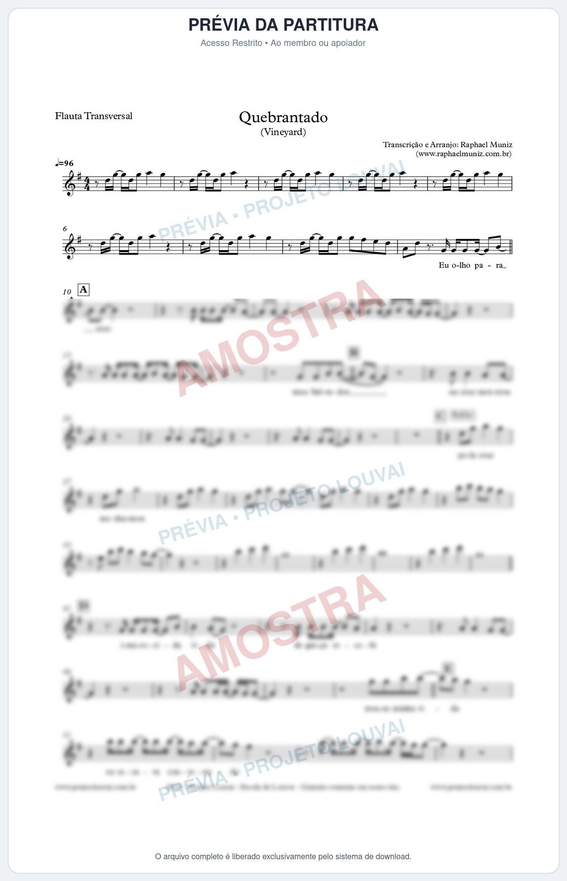 Prévia protegida da primeira página da partitura Partitura para Flauta Transversal - Quebrantado - Vineyard