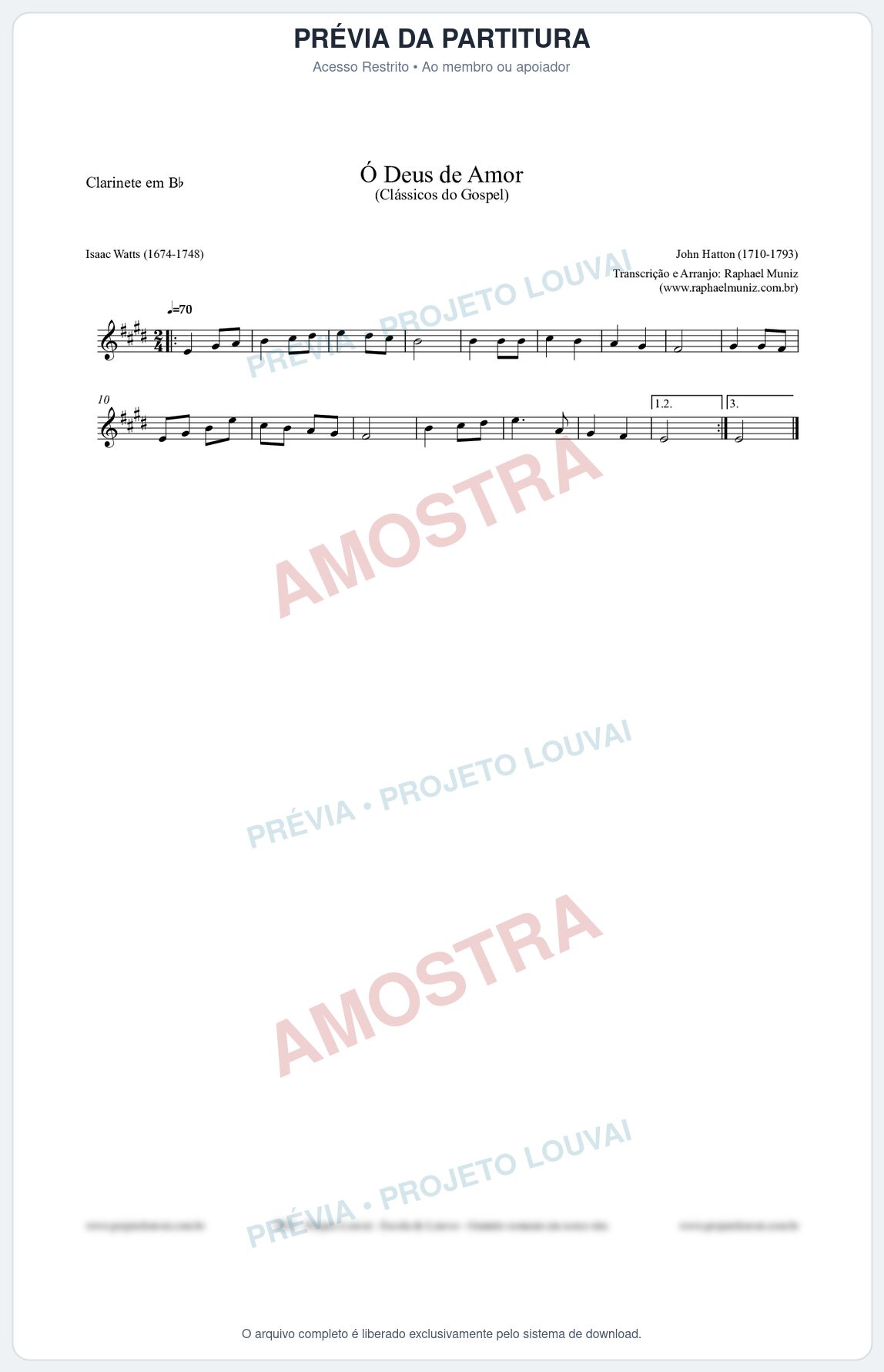 Prévia protegida da primeira página da partitura Partitura para Clarinete em Bb - Ó Deus de Amor - HA nº1 - Clássicos do Gospel