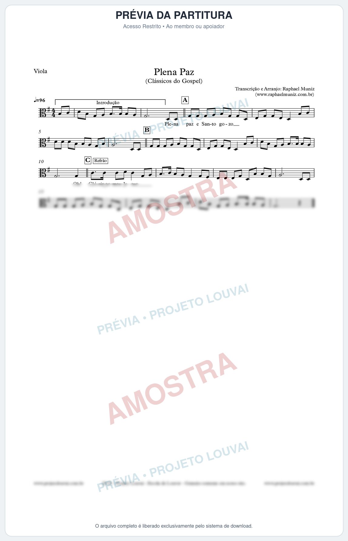 Prévia protegida da primeira página da partitura Partitura para Viola - Plena Paz - Harpa Cristã nº3 - Clássicos do Gospel