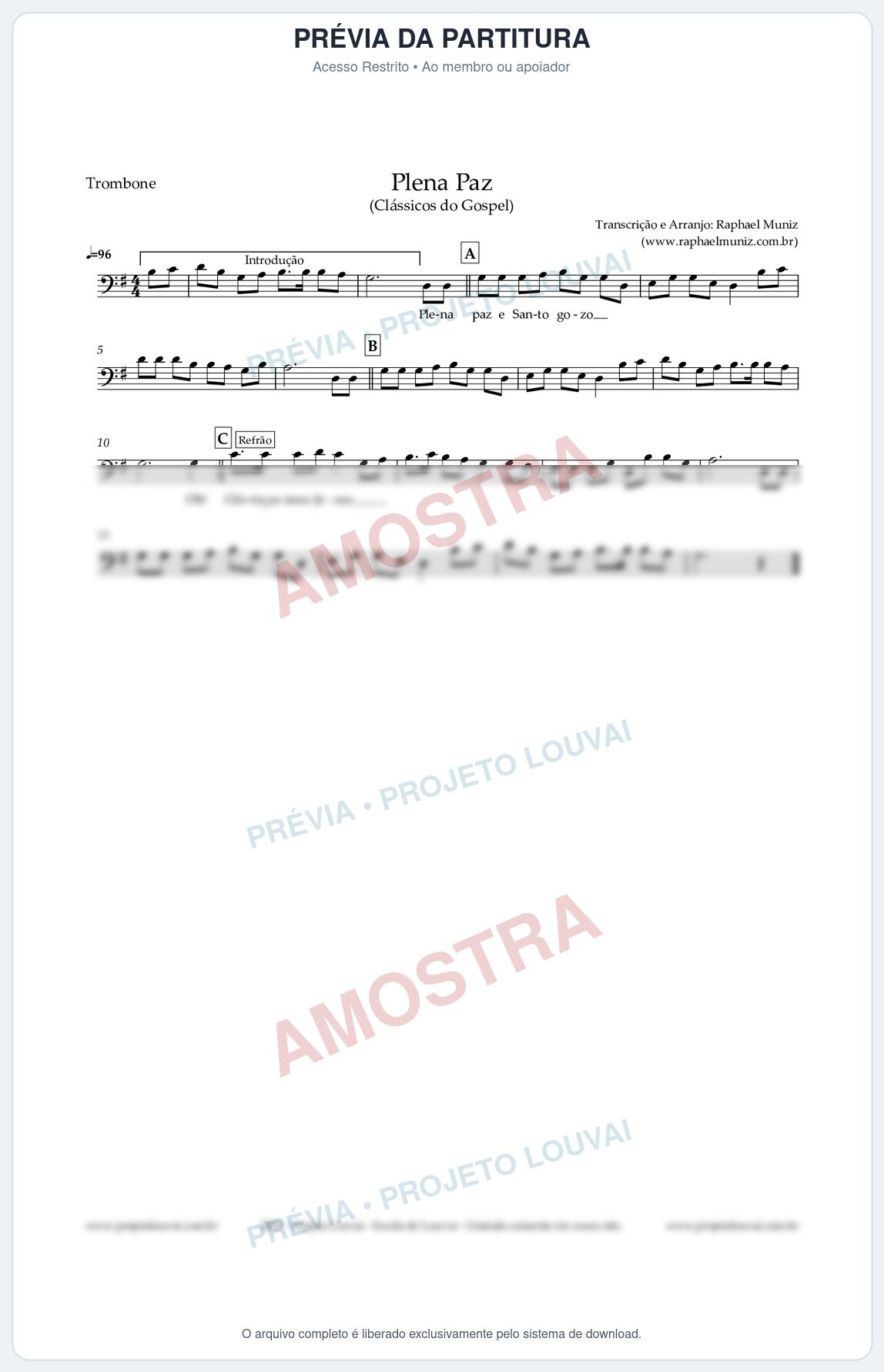 Prévia protegida da primeira página da partitura Partitura para Trombone - Plena Paz - Harpa Cristã nº3 - Clássicos do Gospel
