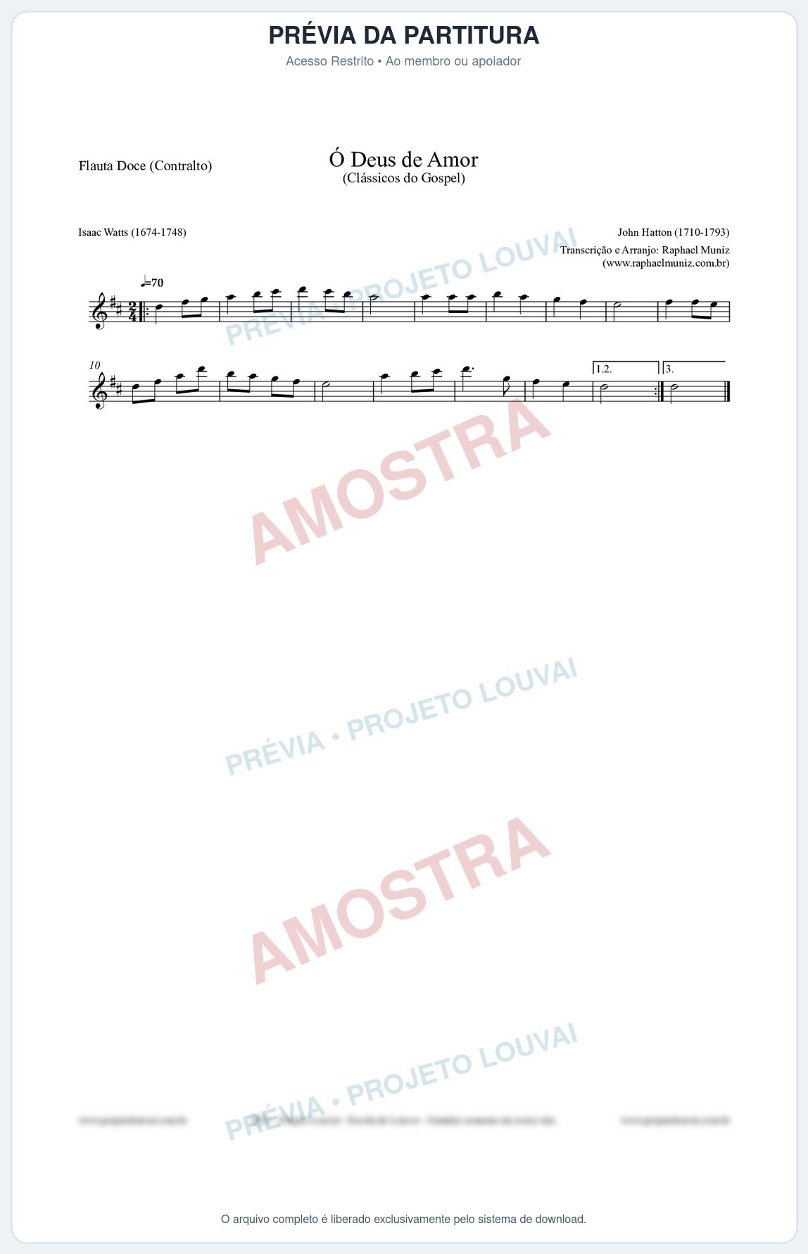 Prévia protegida da primeira página da partitura Partitura para Flauta Doce (Contralto) - Ó Deus de Amor - HA nº1 - Clássicos do Gospel