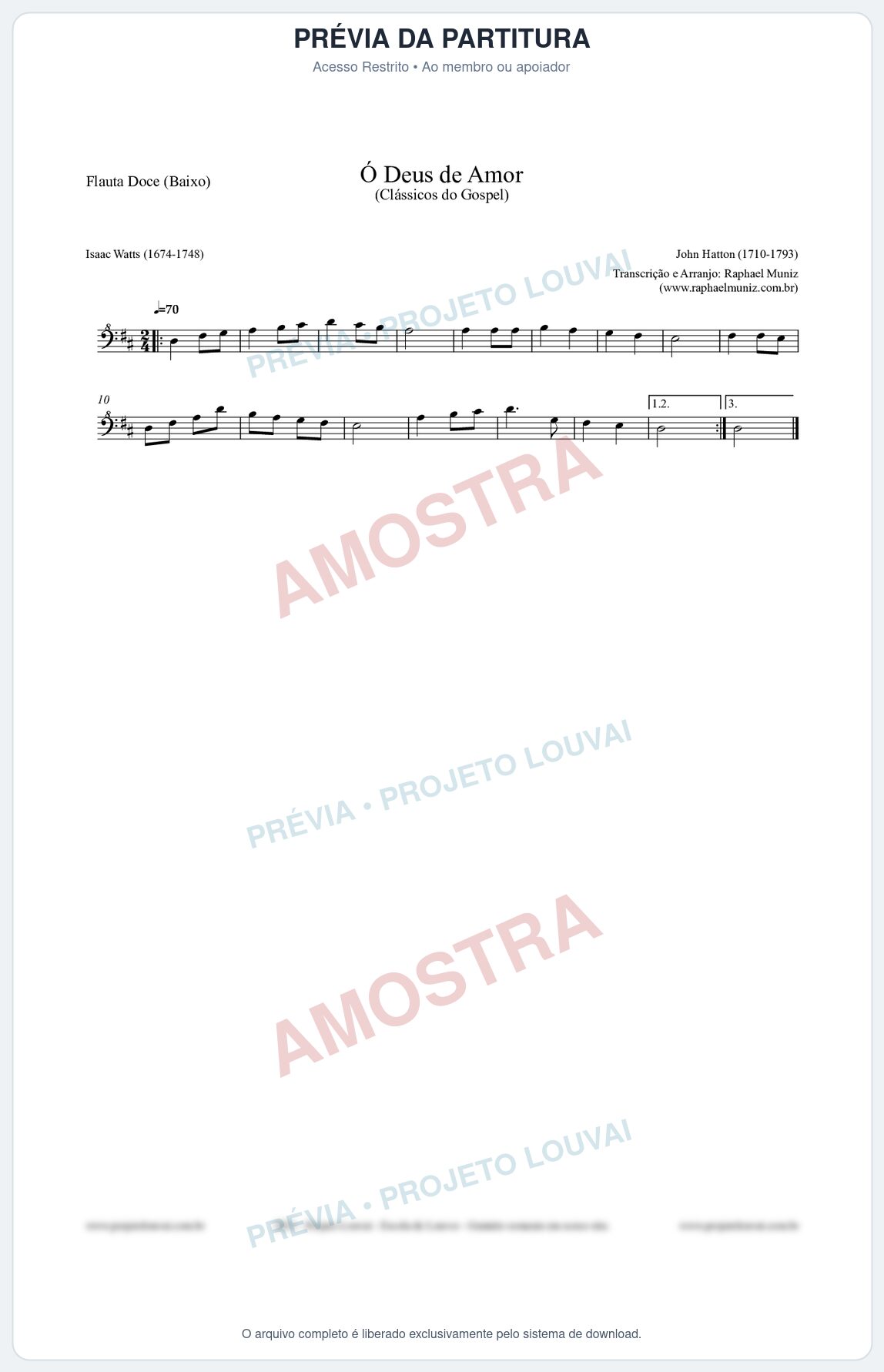 Prévia protegida da primeira página da partitura Partitura para Flauta Doce (Baixo) - Ó Deus de Amor - HA nº1 - Clássicos do Gospel