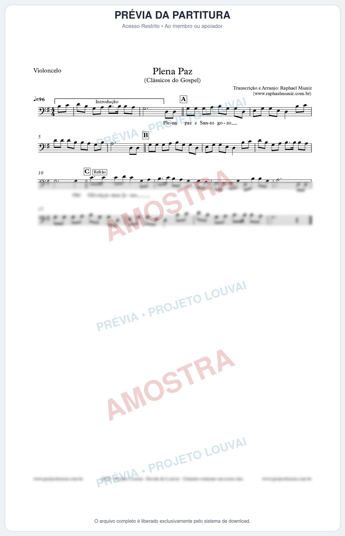 Prévia protegida da primeira página da partitura Partitura para Violoncelo - Plena Paz - Harpa Cristã nº3 - Clássicos do Gospel