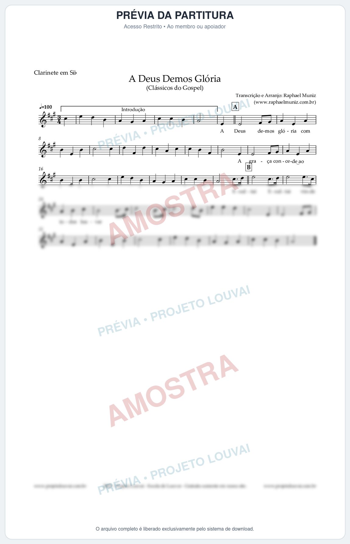 Prévia protegida da primeira página da partitura Partitura para Clarinete - A Deus Demos Glória - Clássicos do Gospel