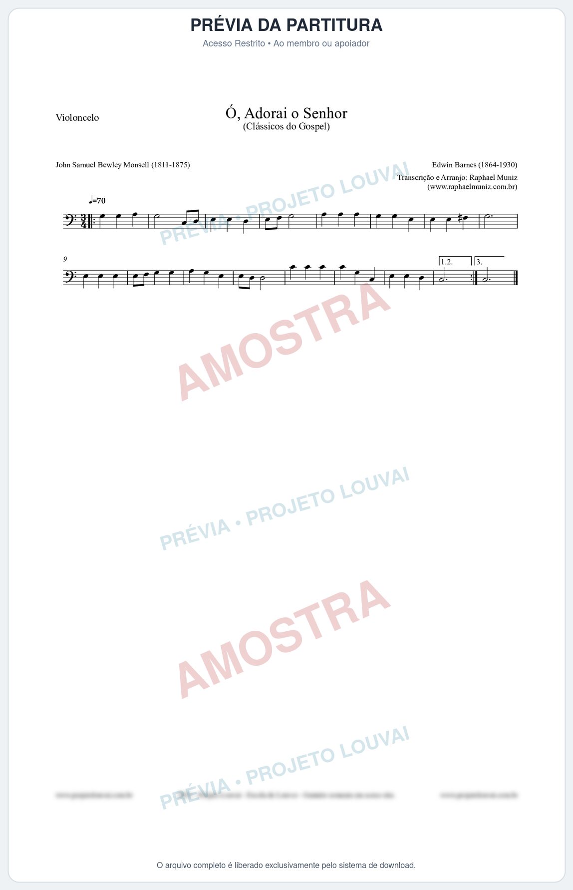 Prévia protegida da primeira página da partitura Partitura para Violoncelo - Ó, Adorai o Senhor - HA nº2 - Clássicos do Gospel