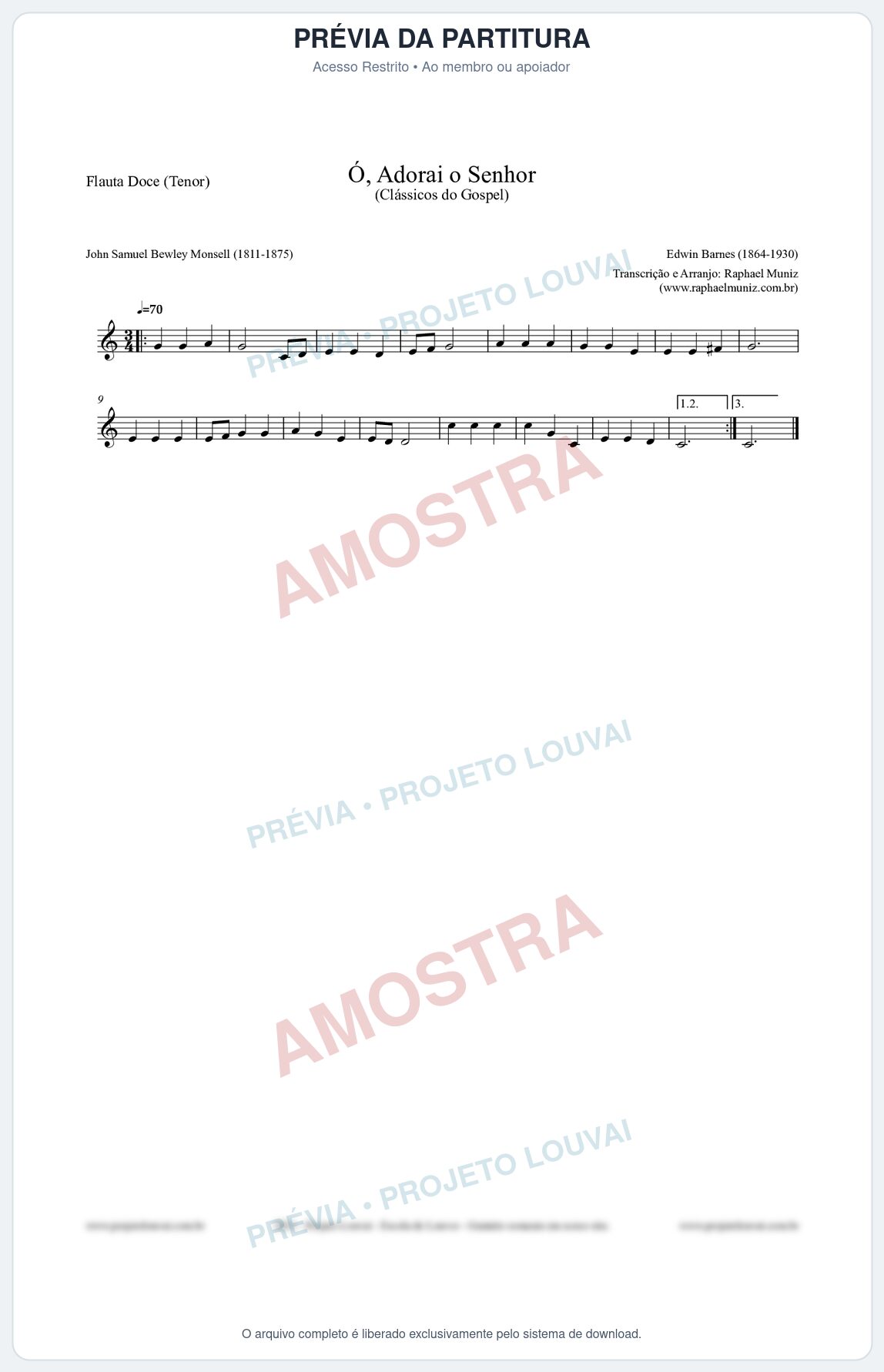 Prévia protegida da primeira página da partitura Partitura para Flauta Doce (Tenor) - Ó, Adorai o Senhor - HA nº2 - Clássicos do Gospel