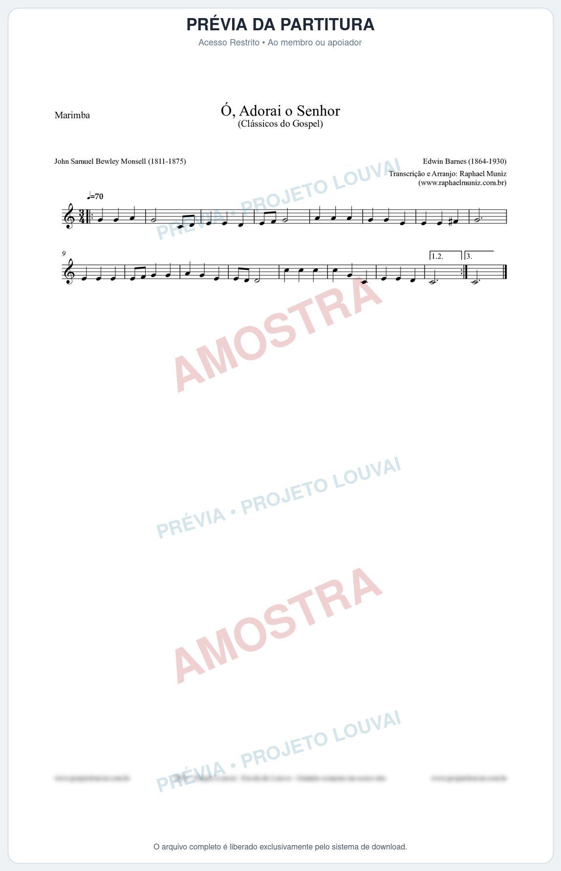 Prévia protegida da primeira página da partitura Partitura para Marimba - Ó, Adorai o Senhor - HA nº2 - Clássicos do Gospel