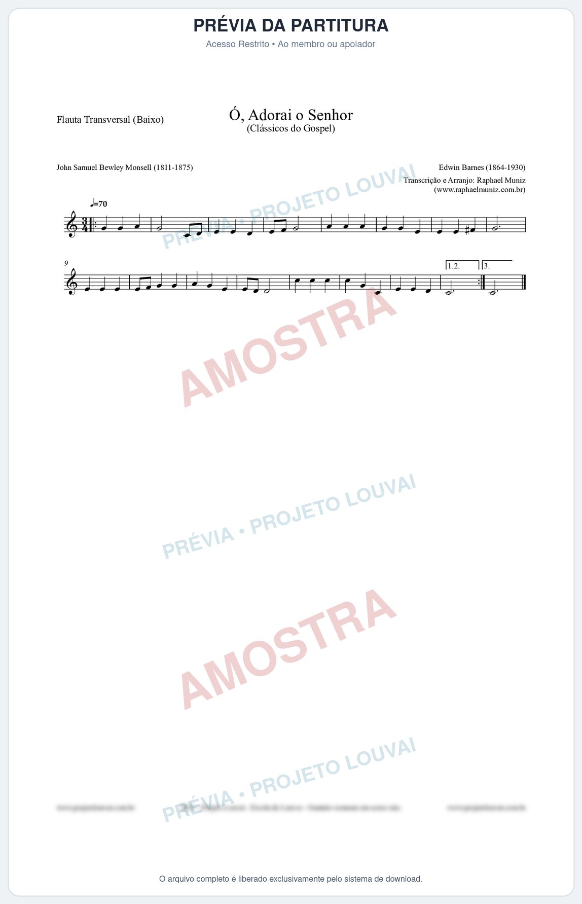 Prévia protegida da primeira página da partitura Partitura para Flauta Transversal (Baixo) - Ó, Adorai o Senhor - HA nº2 - Clássicos do Gospel