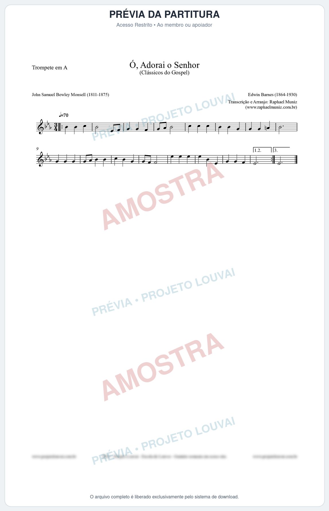 Prévia protegida da primeira página da partitura Partitura para Trompete em A - Ó, Adorai o Senhor - HA nº2 - Clássicos do Gospel