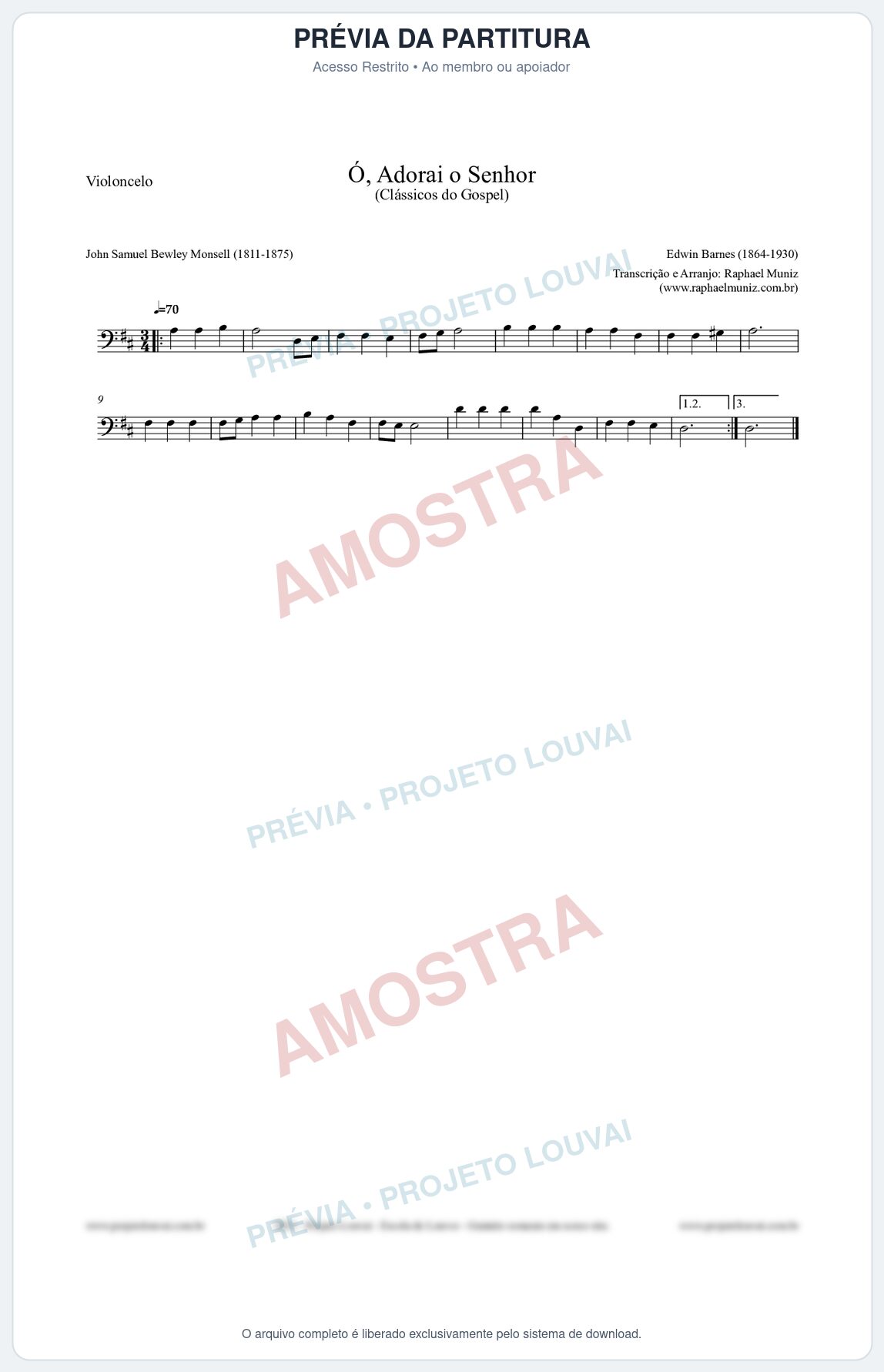 Prévia protegida da primeira página da partitura Partitura para Violoncelo - Ó, Adorai o Senhor - HA nº2 - Clássicos do Gospel