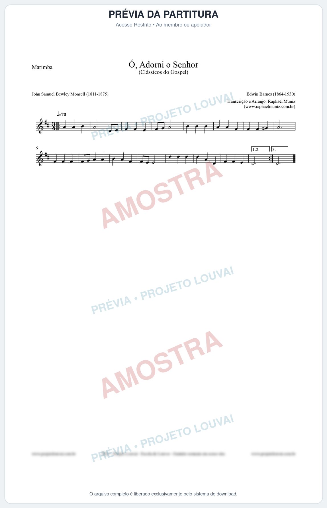Prévia protegida da primeira página da partitura Partitura para Marimba - Ó, Adorai o Senhor - HA nº2 - Clássicos do Gospel