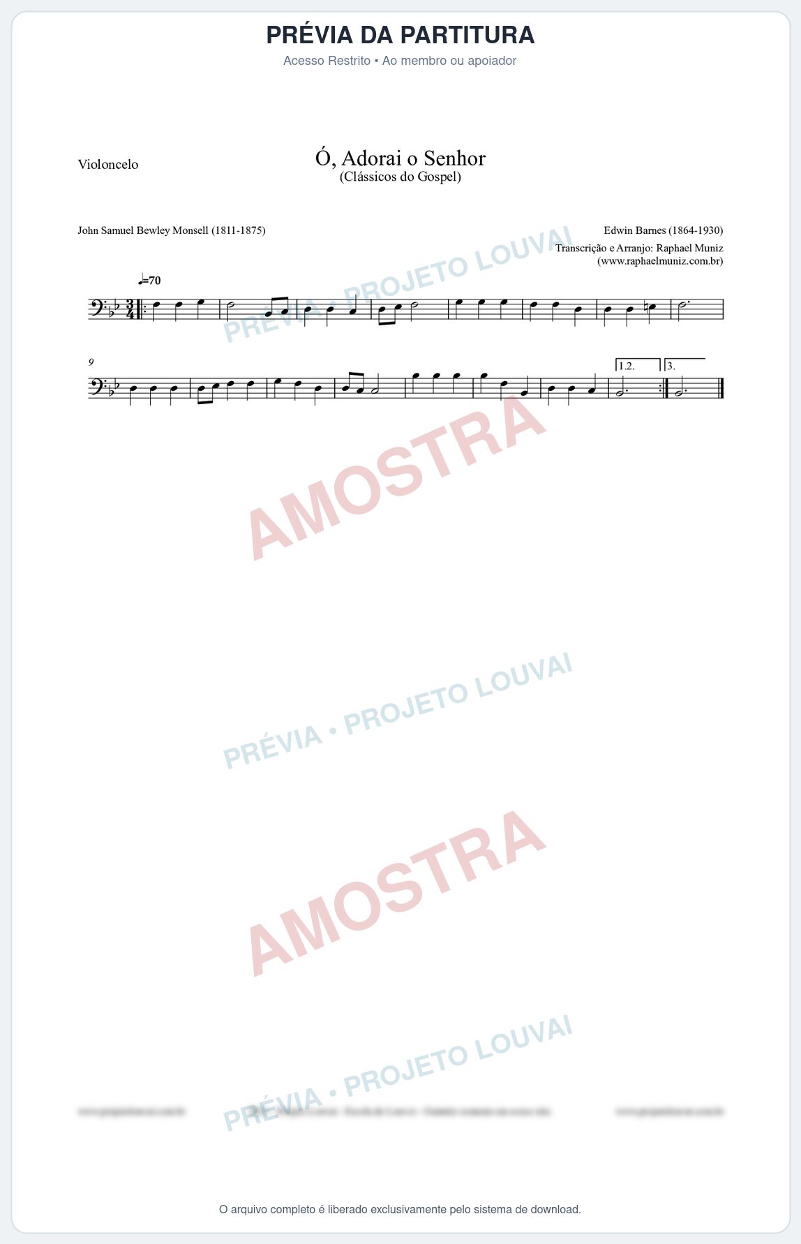 Prévia protegida da primeira página da partitura Partitura para Violoncelo - Ó, Adorai o Senhor - HA nº2 - Clássicos do Gospel