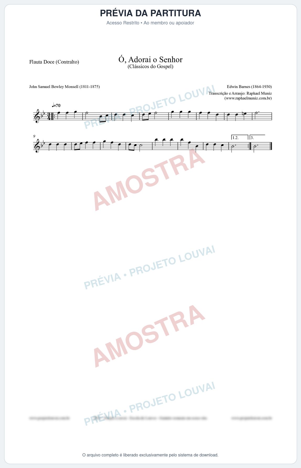 Prévia protegida da primeira página da partitura Partitura para Flauta Doce (Contralto) - Ó, Adorai o Senhor - HA nº2 - Clássicos do Gospel