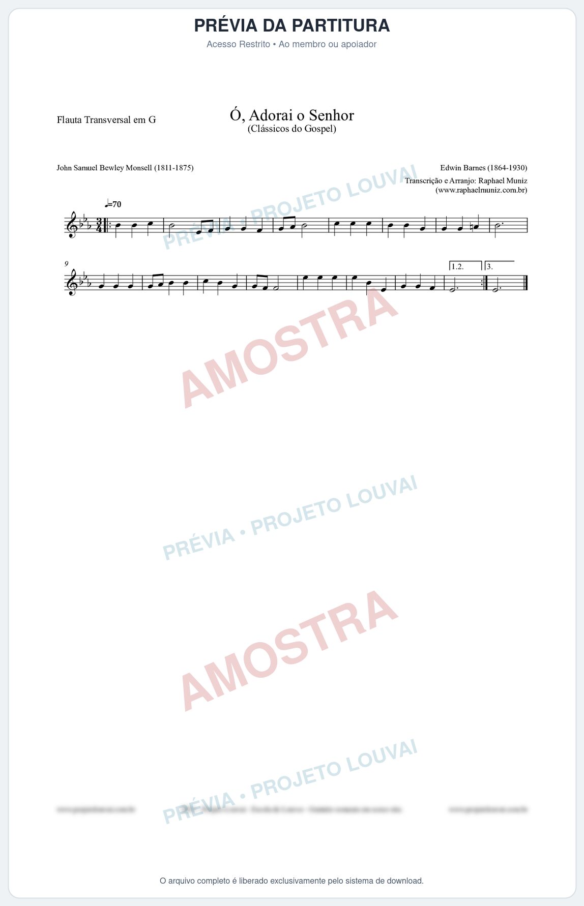 Prévia protegida da primeira página da partitura Partitura para Flauta Transversal em G - Ó, Adorai o Senhor - HA nº2 - Clássicos do Gospel