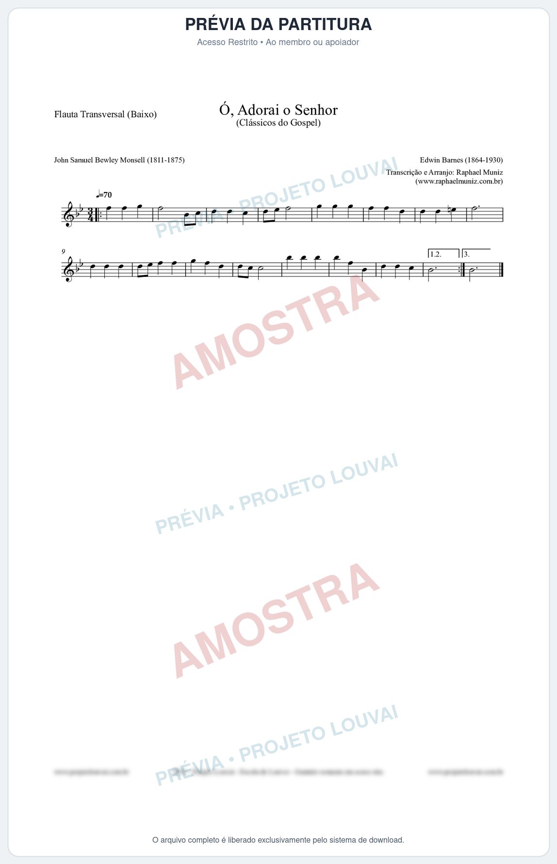 Prévia protegida da primeira página da partitura Partitura para Flauta Transversal (Baixo) - Ó, Adorai o Senhor - HA nº2 - Clássicos do Gospel