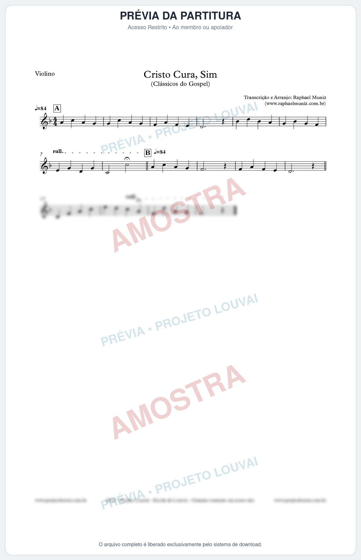 Prévia protegida da primeira página da partitura Partitura para Violino - Cristo Cura, Sim  - Harpa Cristã nº7 - Clássicos do Gospel