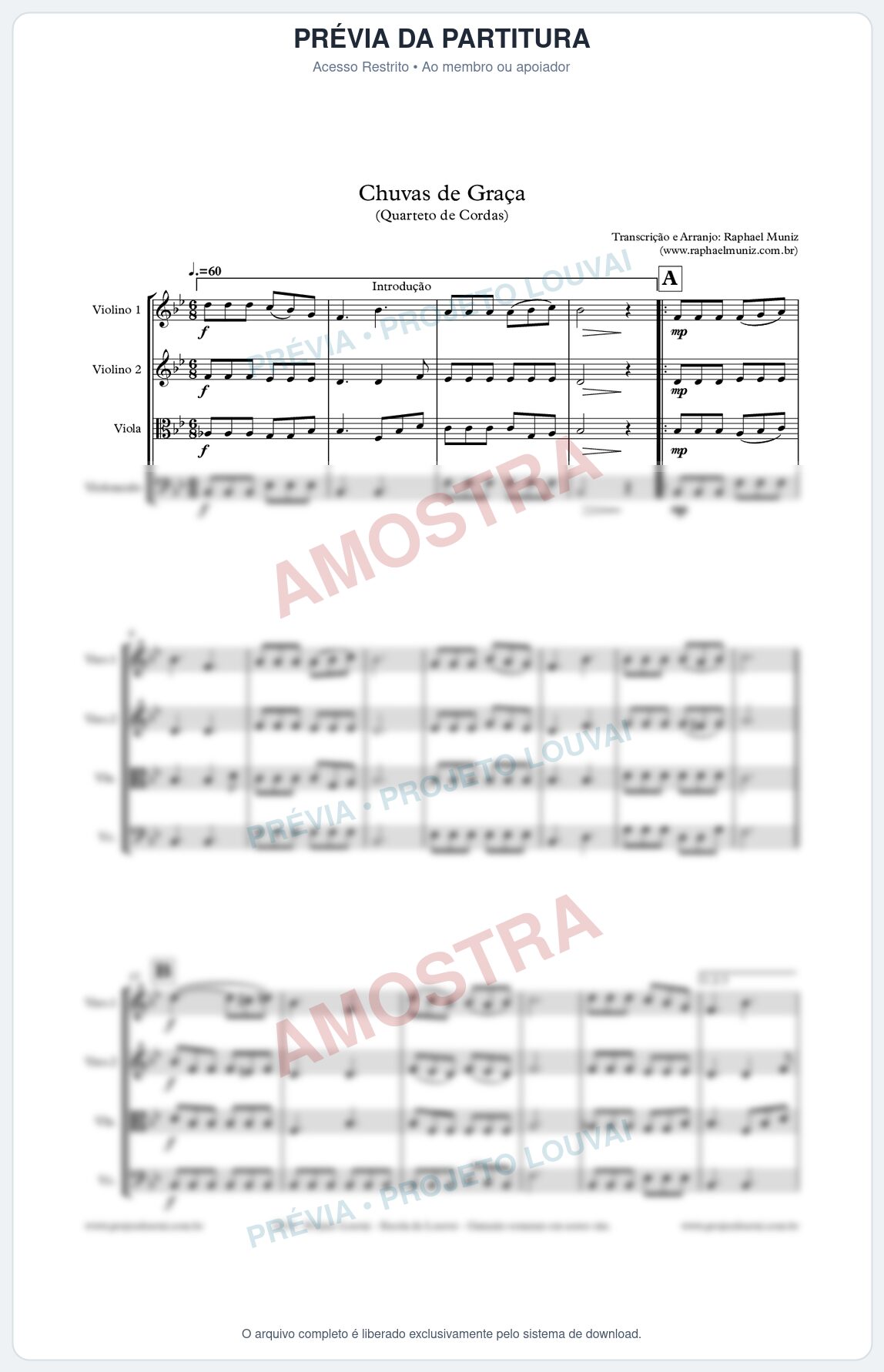 Prévia protegida da primeira página da partitura Partitura para Quarteto de Cordas - Chuvas de Graça - Harpa Cristã nº1 - Clássicos do Gospel