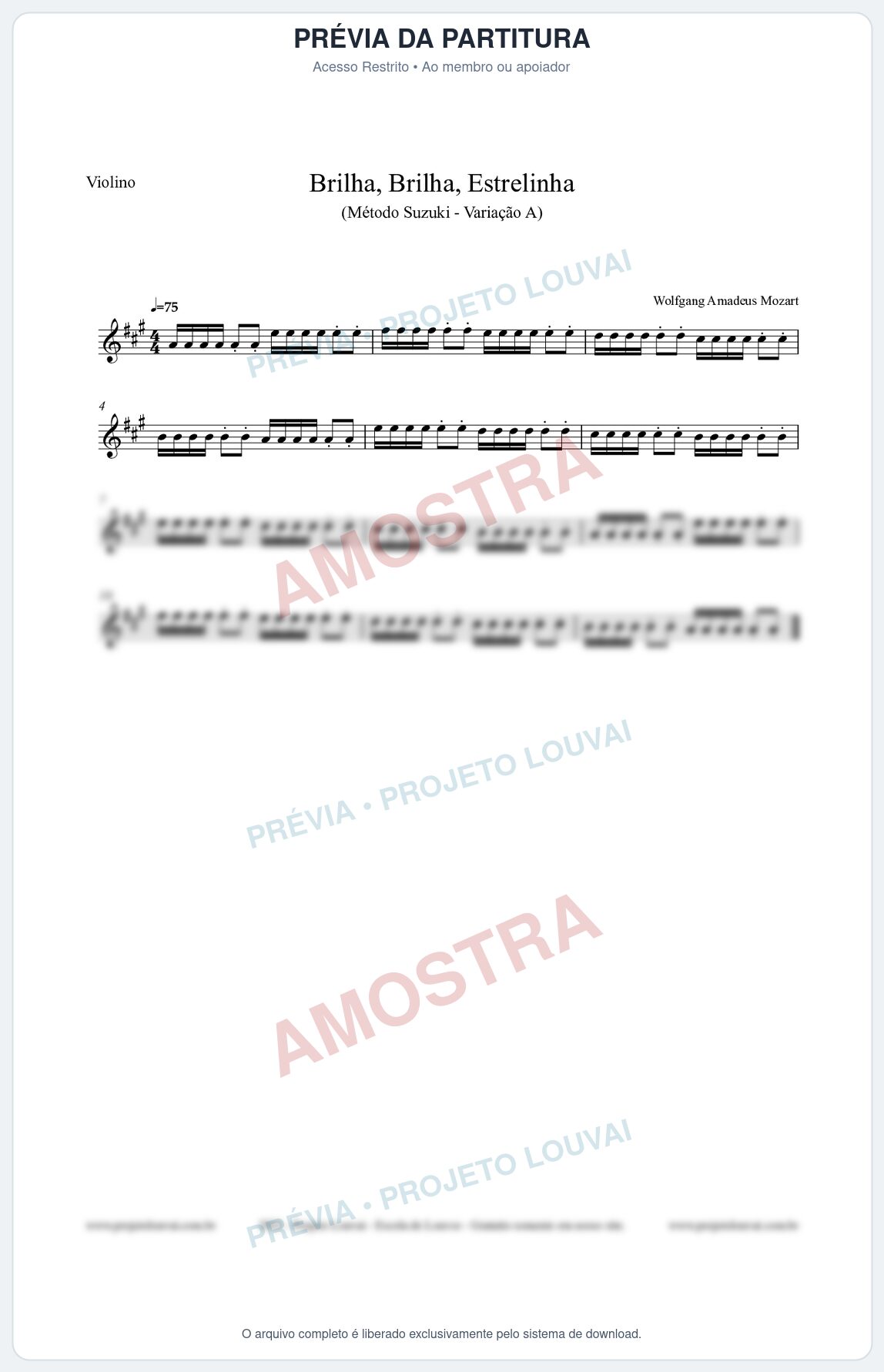 Prévia protegida da primeira página da partitura Partitura para Violino - Brilha, Brilha, Estrelinha (Variação A) - Método Suzuki para Violino Vol.1