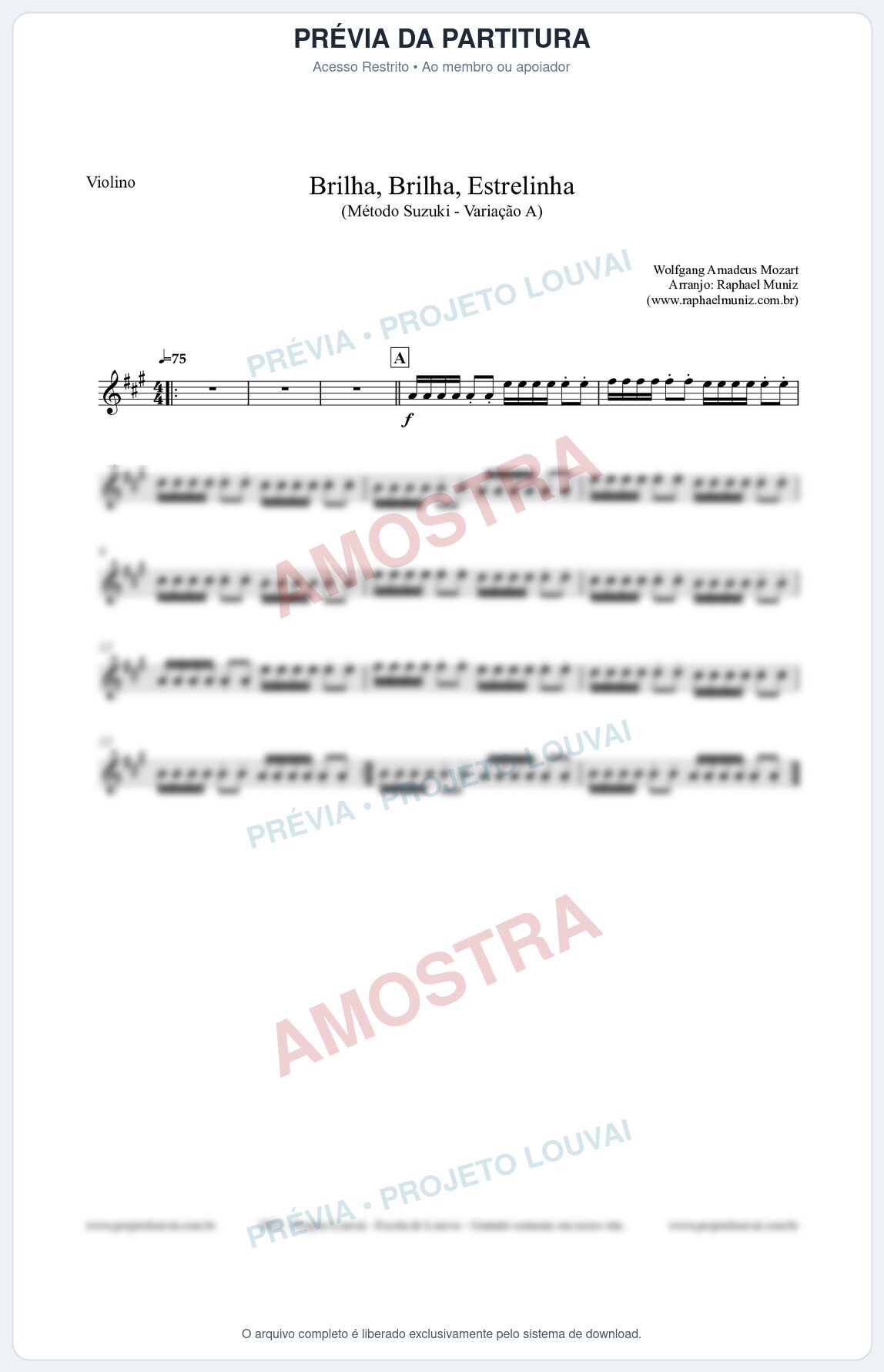 Prévia protegida da primeira página da partitura Partitura para Violino - Brilha, Brilha, Estrelinha (Variação A) - Versão 2 - Método Suzuki para Violino Vol.1