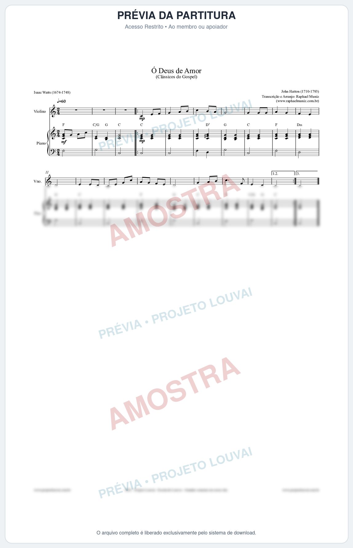 Prévia protegida da primeira página da partitura Partitura para Piano e Violino - Ó Deus de Amor - HA nº 1 - Clássicos do Gospel