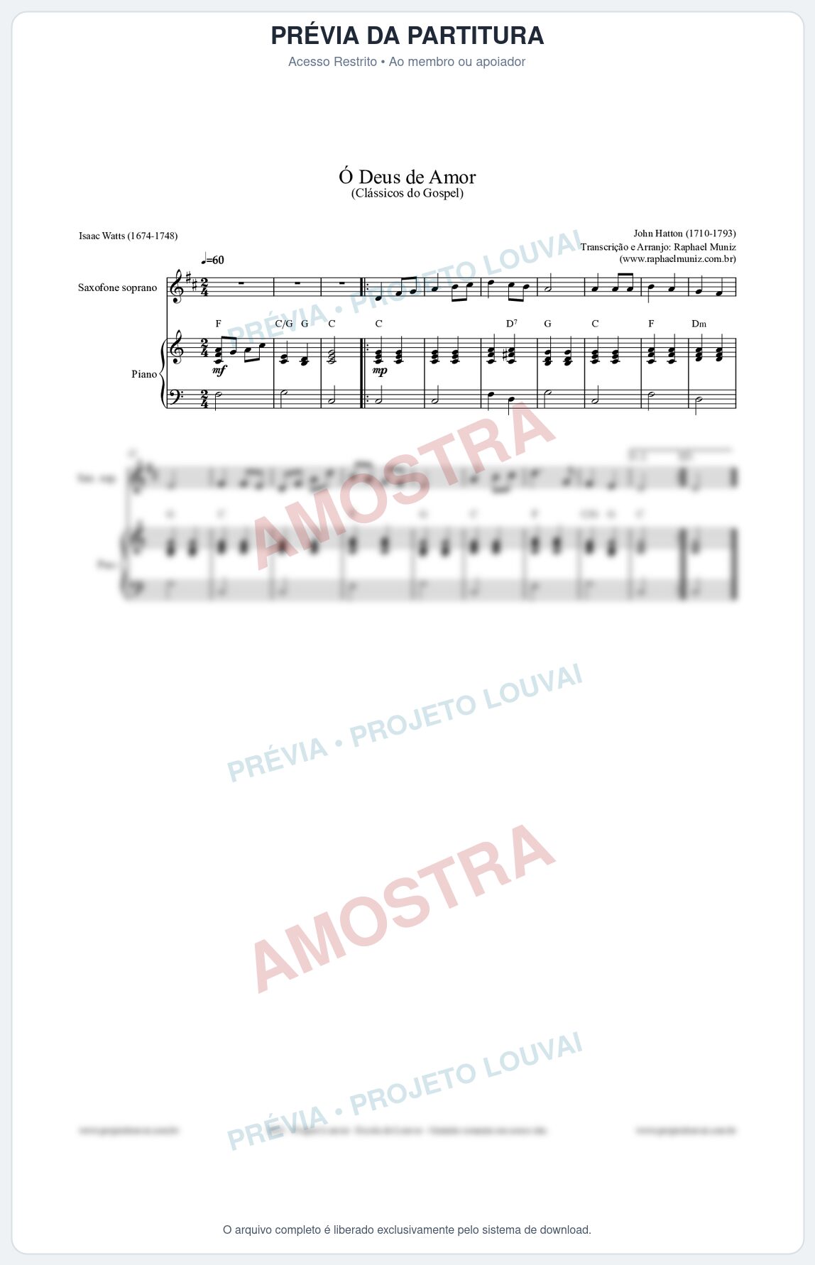 Prévia protegida da primeira página da partitura Partitura para Sax Soprano e Piano - Ó Deus de Amor - HA nº1 - Clássicos do Gospel