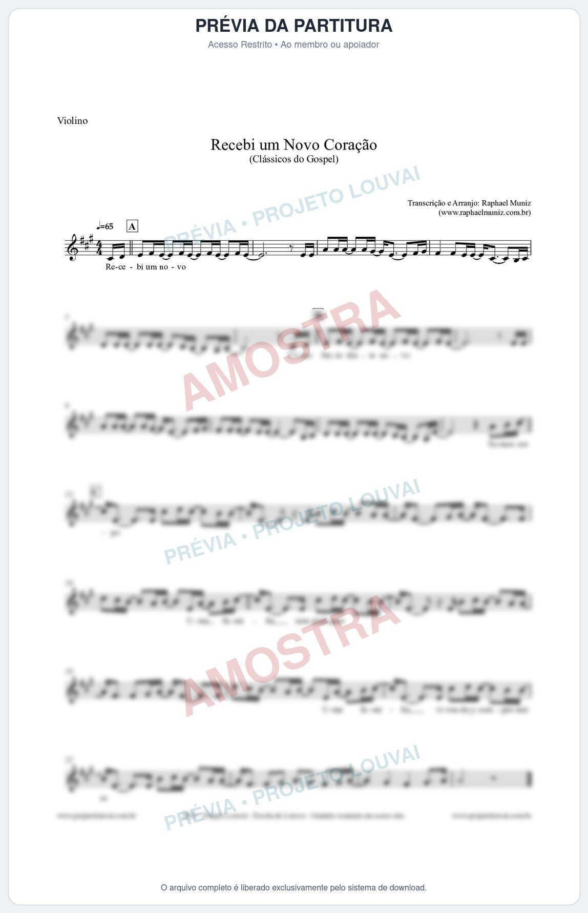 Prévia protegida da primeira página da partitura Partitura para Violino - Recebi um novo coração - Clássicos do Gospel