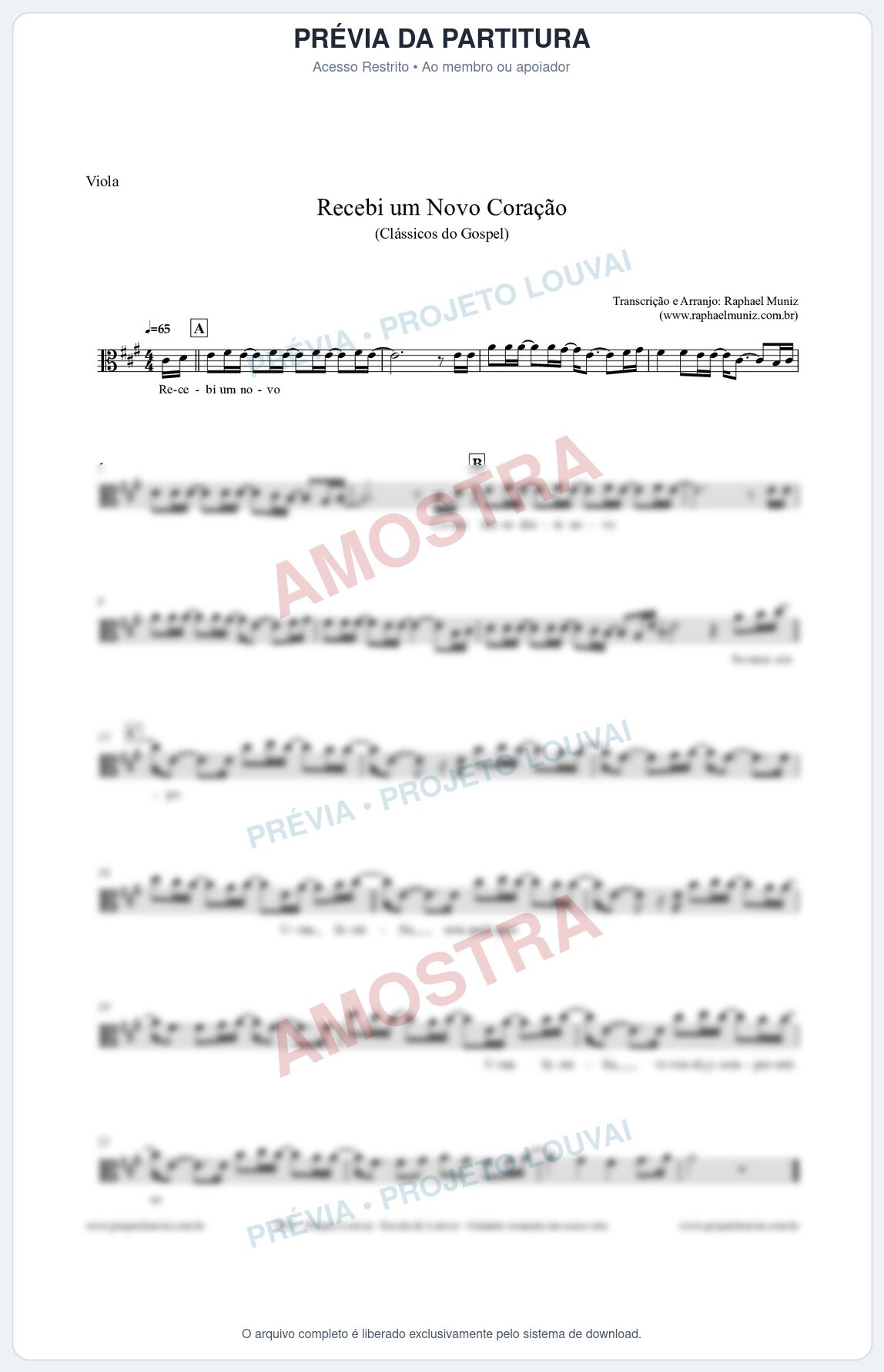 Prévia protegida da primeira página da partitura Partitura para Viola - Recebi um novo coração - Clássicos do Gospel