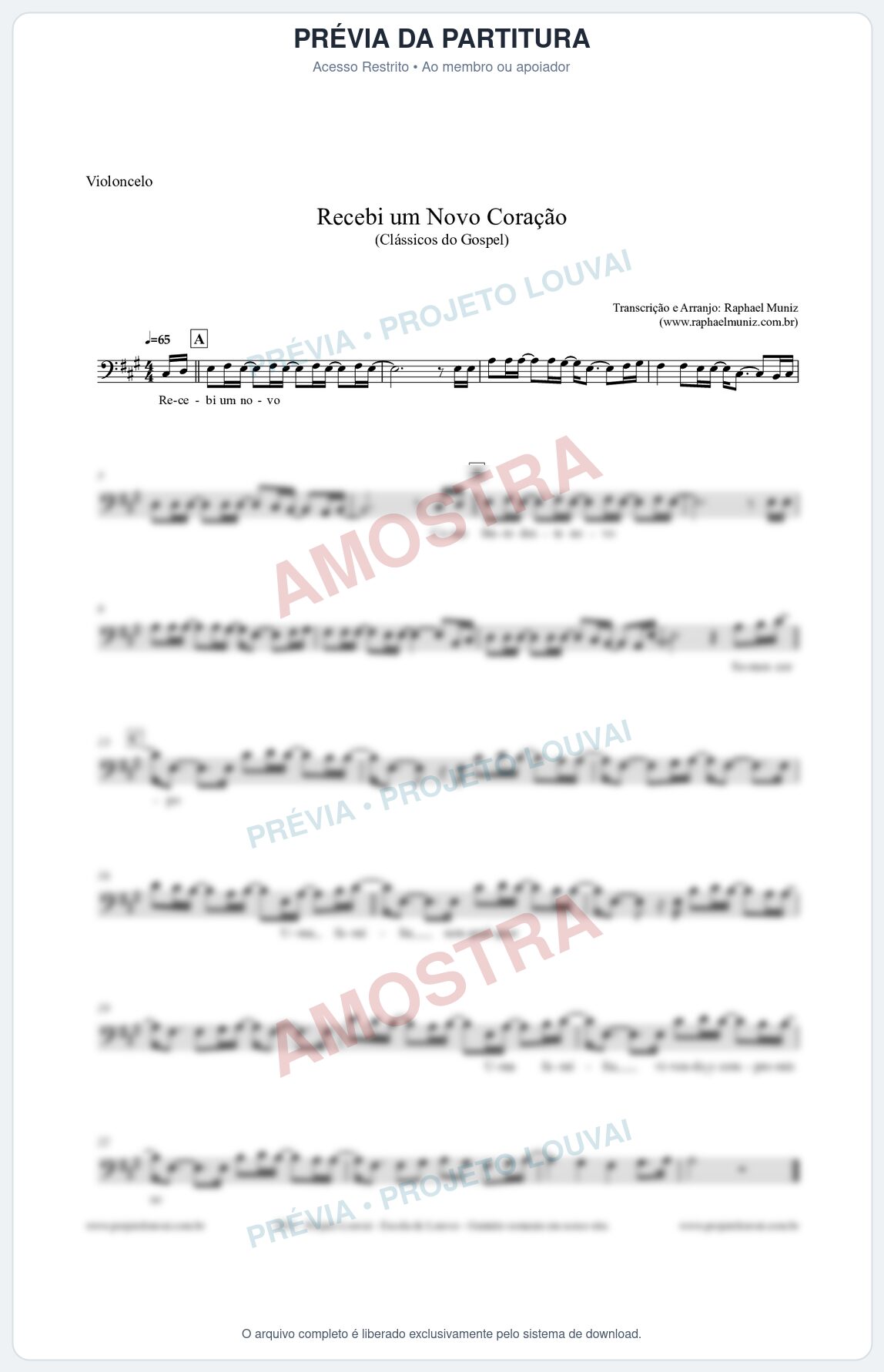 Prévia protegida da primeira página da partitura Partitura para Violoncelo - Recebi um novo coração - Clássicos do Gospel