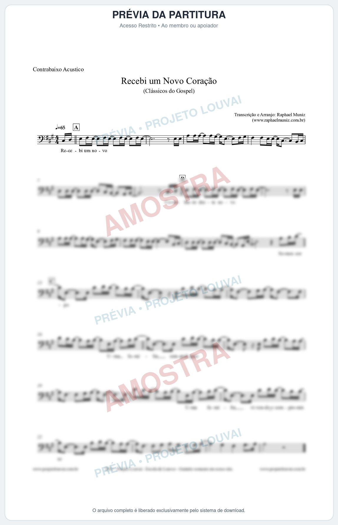 Prévia protegida da primeira página da partitura Partitura para Contrabaixo Acústico - Recebi um novo coração - Clássicos do Gospel