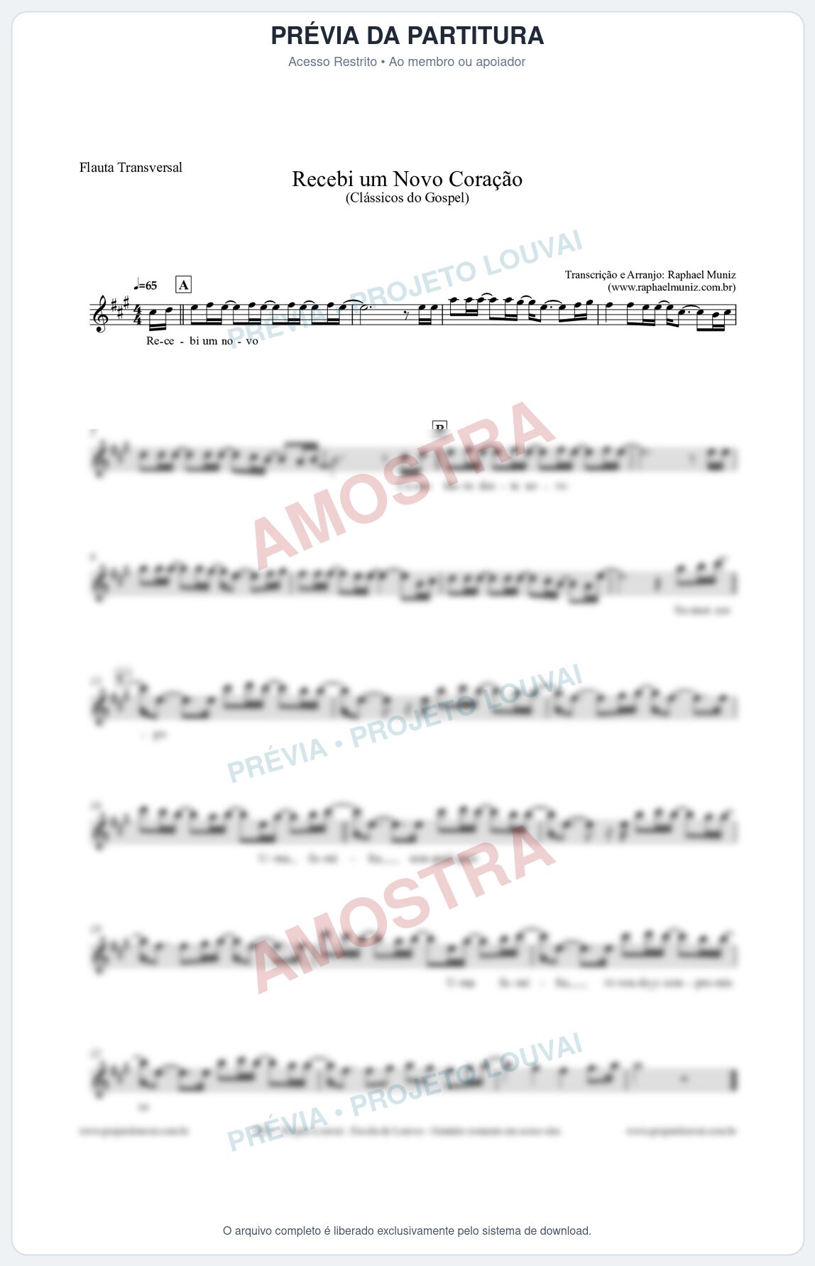 Prévia protegida da primeira página da partitura Partitura para Flauta Transversal - Recebi um novo coração - Clássicos do Gospel
