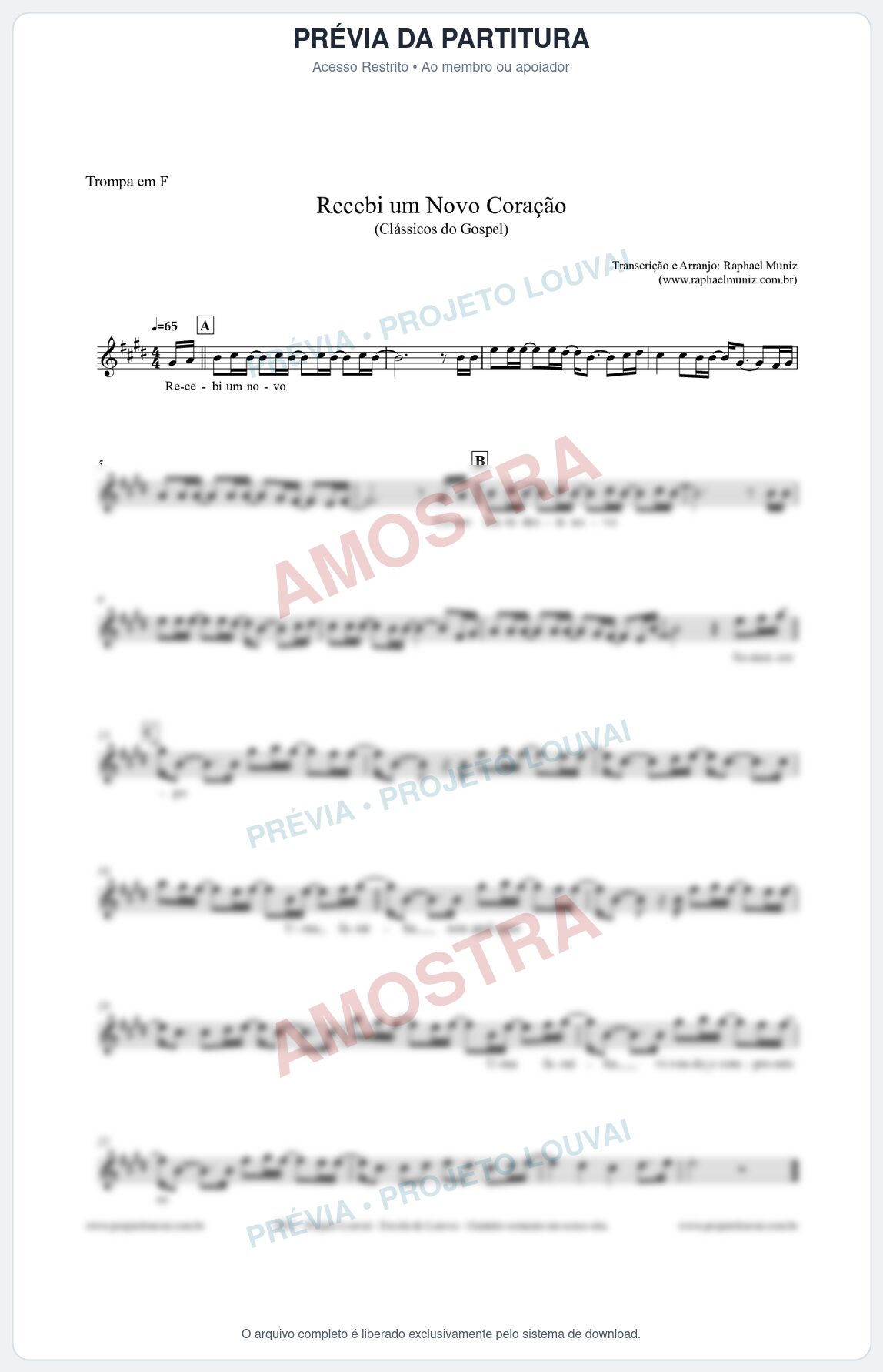 Prévia protegida da primeira página da partitura Partitura para Trompa em F - Recebi um novo coração - Clássicos do Gospel