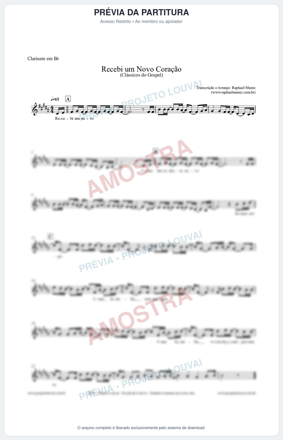 Prévia protegida da primeira página da partitura Partitura para Clarinete em Bb - Recebi um novo coração - Clássicos do Gospel