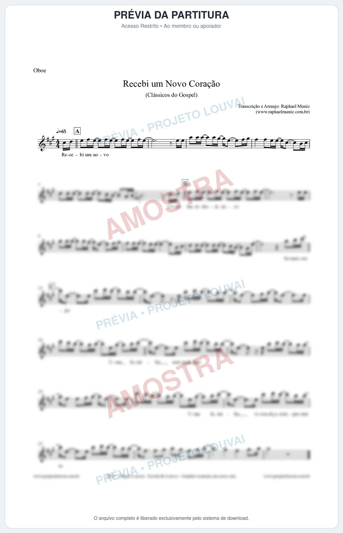 Prévia protegida da primeira página da partitura Partitura para Oboé - Recebi um novo coração - Clássicos do Gospel