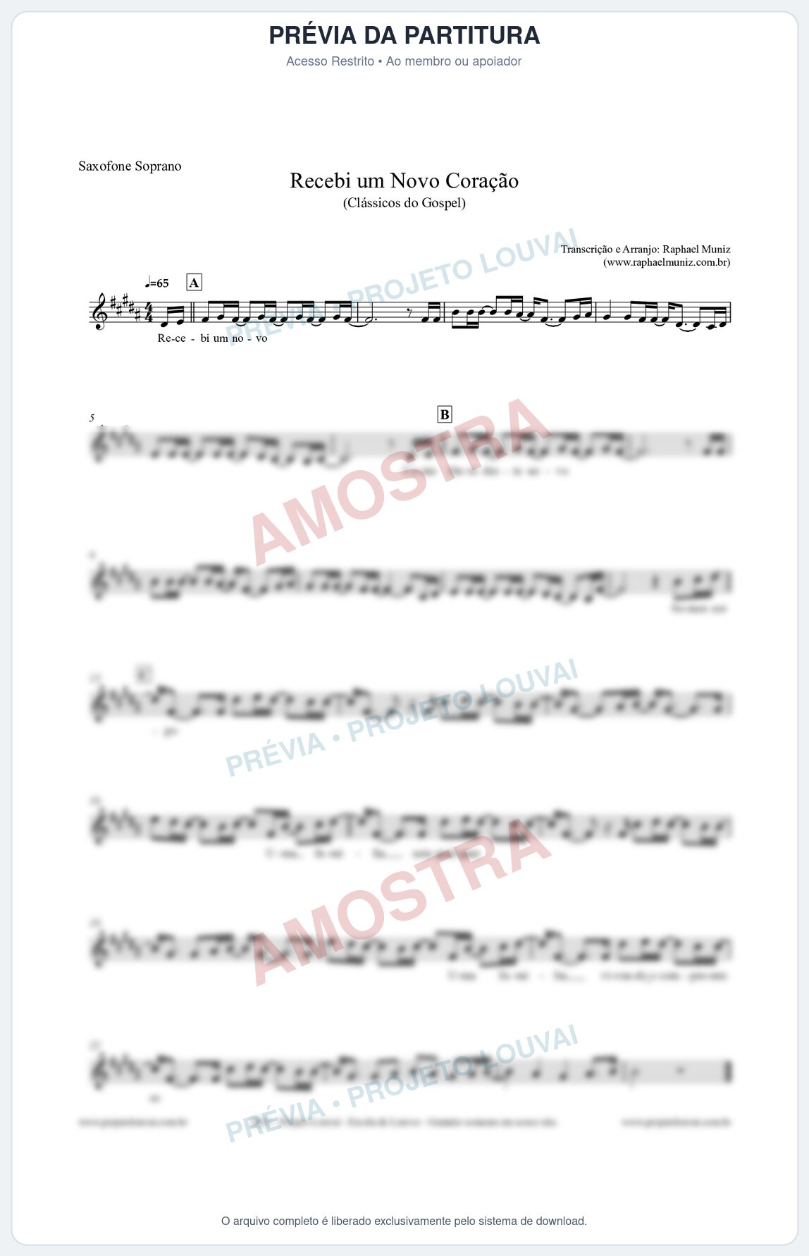 Prévia protegida da primeira página da partitura Partitura para Saxofone Soprano - Recebi um novo coração - Clássicos do Gospel