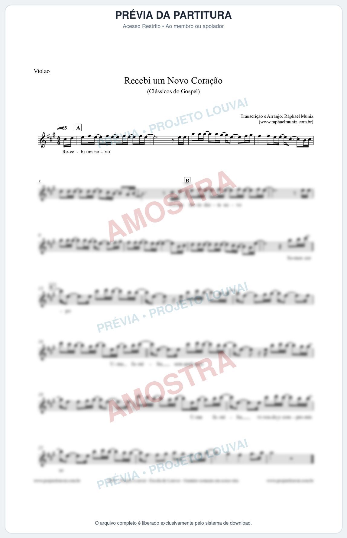 Prévia protegida da primeira página da partitura Partitura para Violão - Recebi um novo coração - Clássicos do Gospel