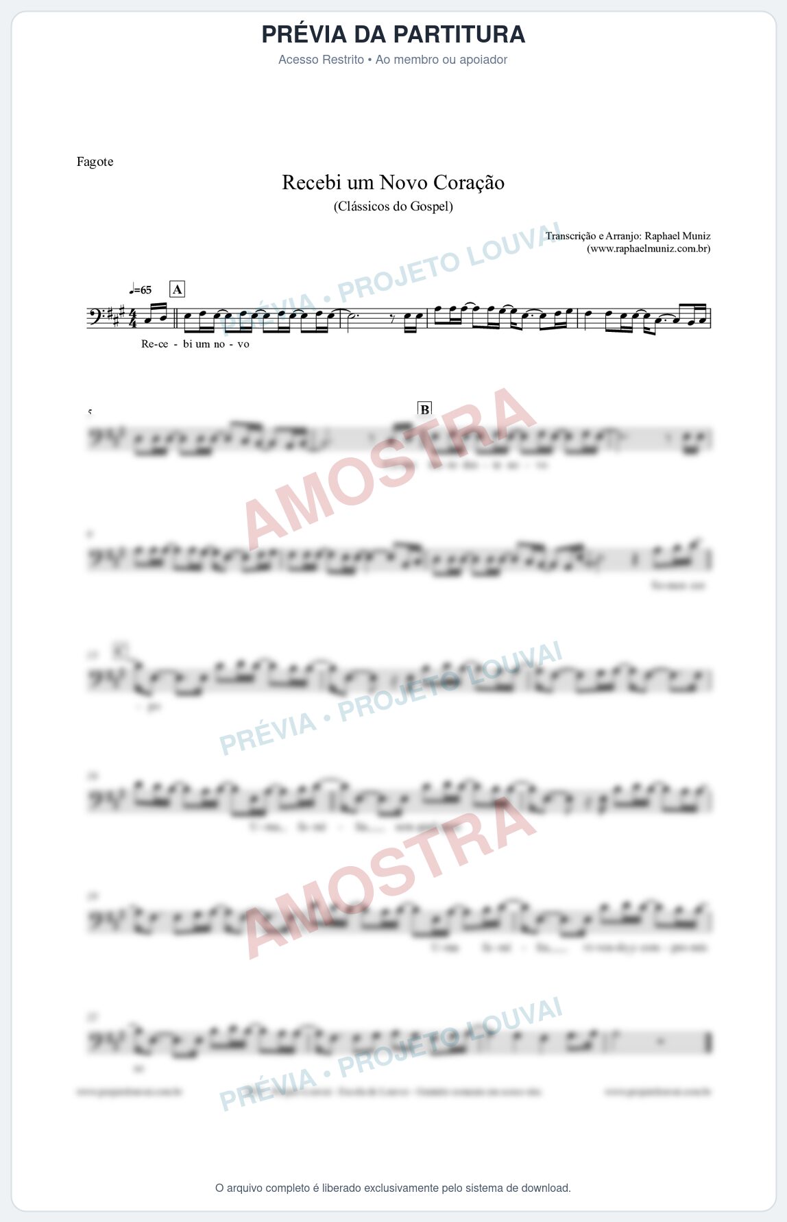 Prévia protegida da primeira página da partitura Partitura para Fagote - Recebi um novo coração - Clássicos do Gospel