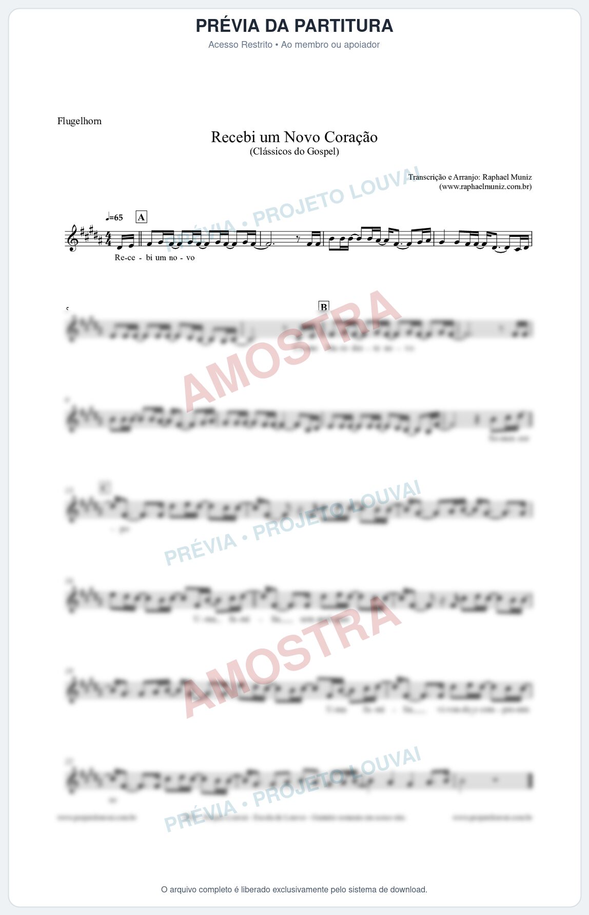 Prévia protegida da primeira página da partitura Partitura para Flugelhorn - Recebi um novo coração - Clássicos do Gospel
