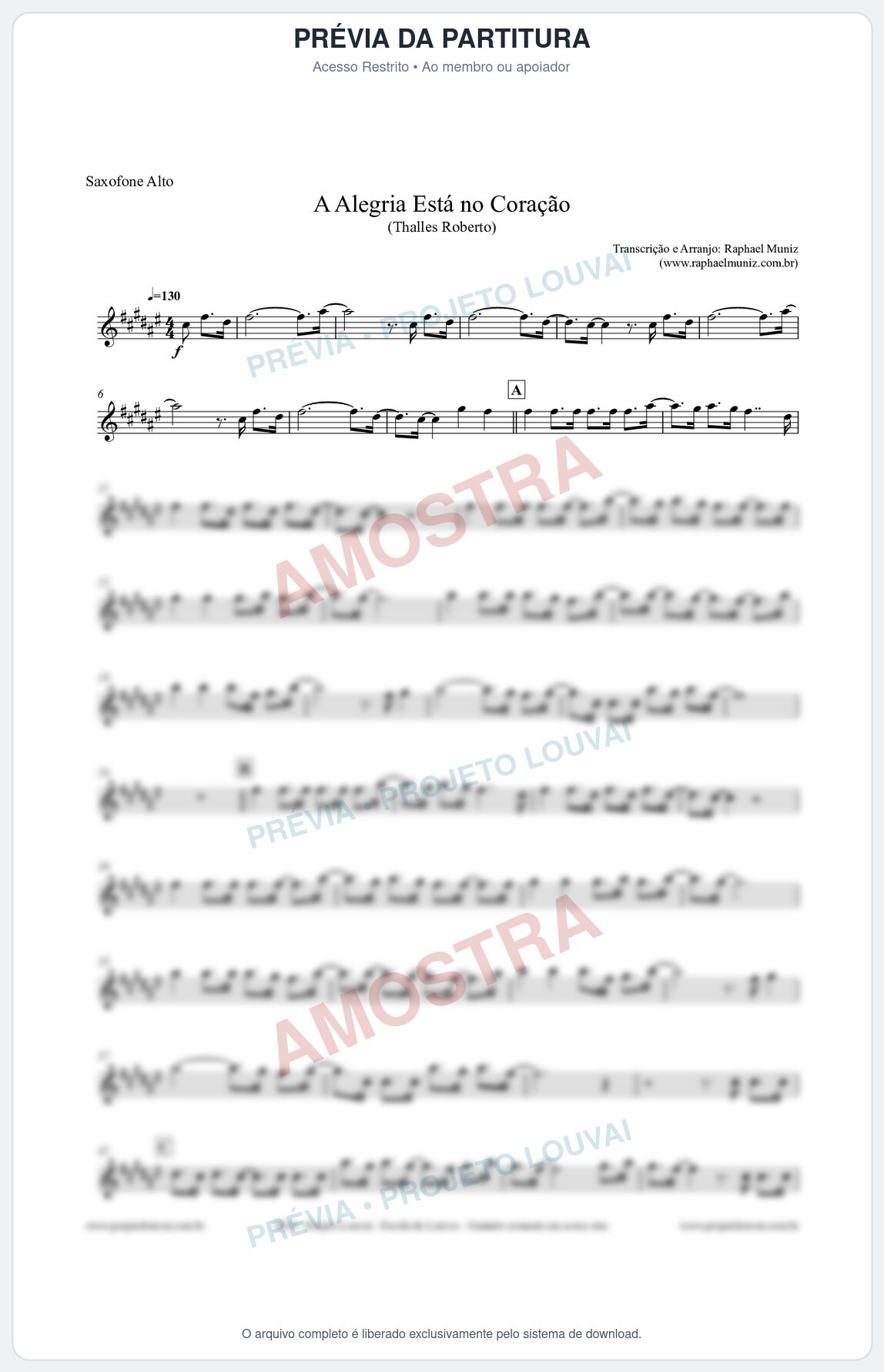 Prévia protegida da primeira página da partitura Partitura para Sax Alto - A Alegria Está no Coração - Thalles Roberto