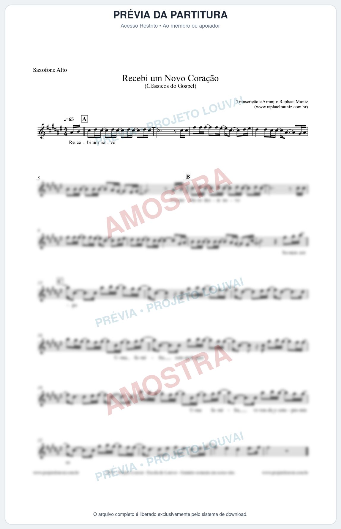 Prévia protegida da primeira página da partitura Partitura para Saxofone Alto - Recebi um novo coração - Clássicos do Gospel