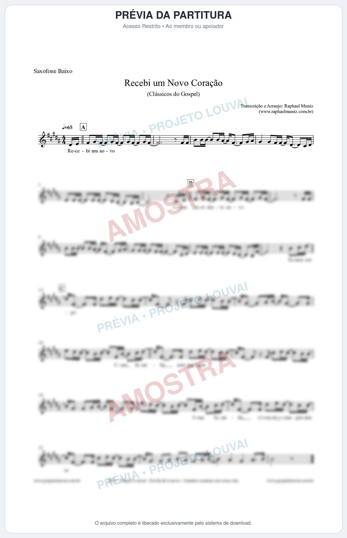 Prévia protegida da primeira página da partitura Partitura para Saxofone Baixo - Recebi um novo coração - Clássicos do Gospel