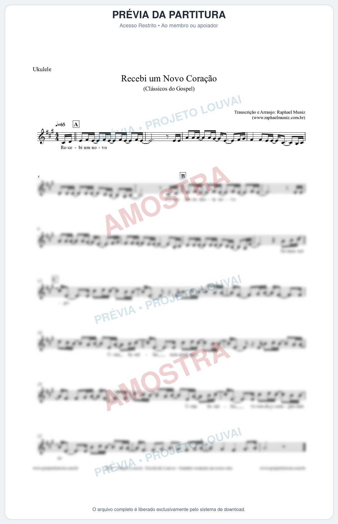 Prévia protegida da primeira página da partitura Partitura para Ukulele - Recebi um novo coração - Clássicos do Gospel