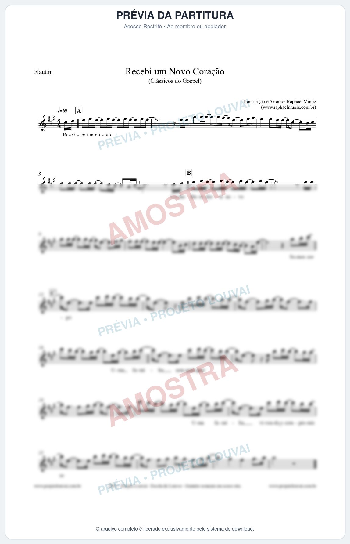 Prévia protegida da primeira página da partitura Partitura para Flautim - Recebi um novo coração - Clássicos do Gospel