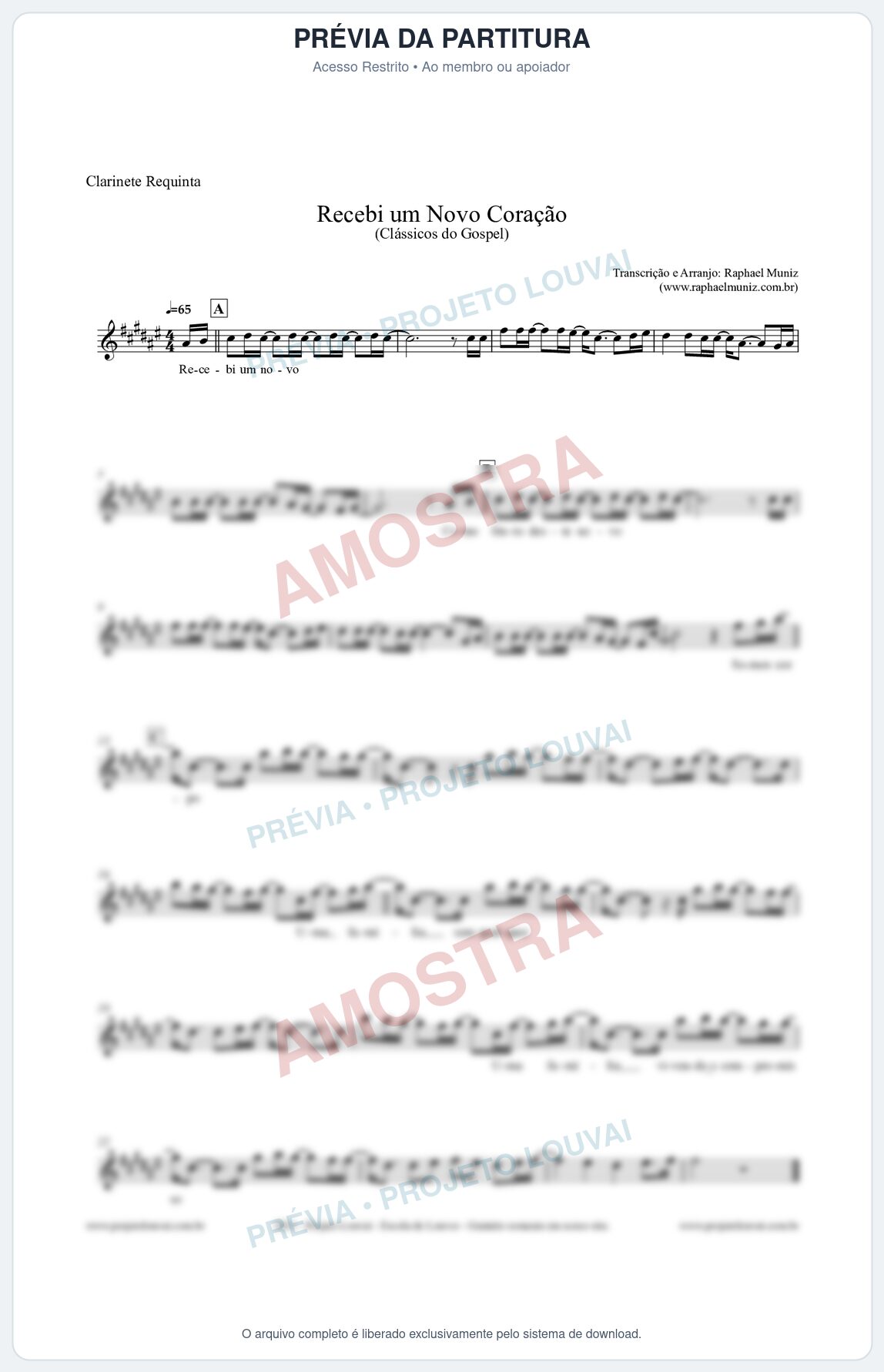 Prévia protegida da primeira página da partitura Partitura para Clarinete Requinta - Recebi um novo coração - Clássicos do Gospel