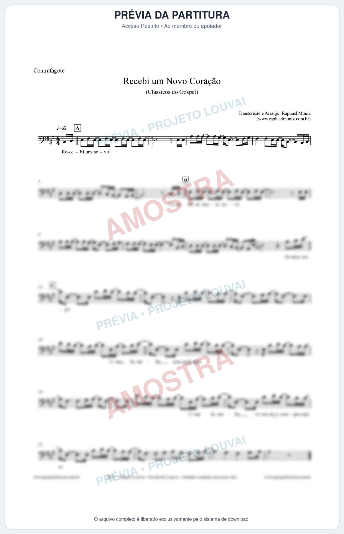 Prévia protegida da primeira página da partitura Partitura para Contrafagote - Recebi um novo coração - Clássicos do Gospel