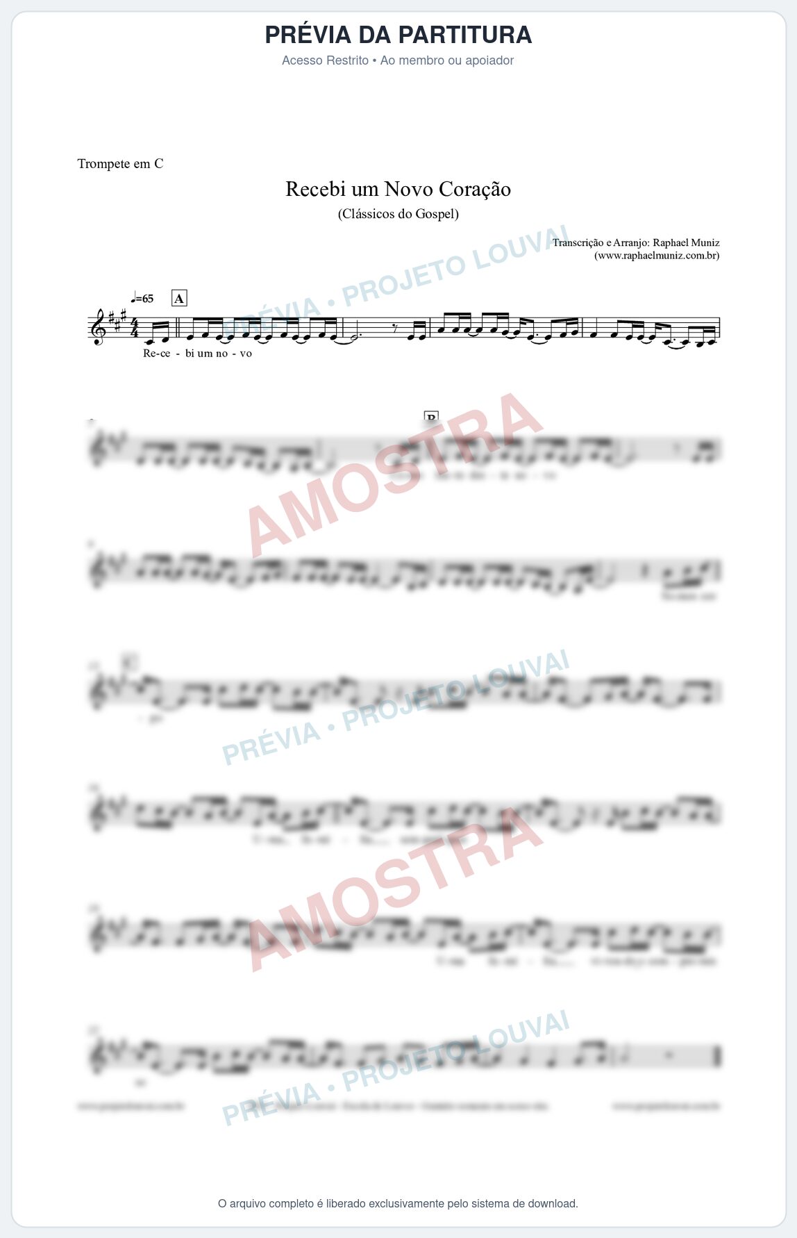 Prévia protegida da primeira página da partitura Partitura para Trompete em C - Recebi um novo coração - Clássicos do Gospel