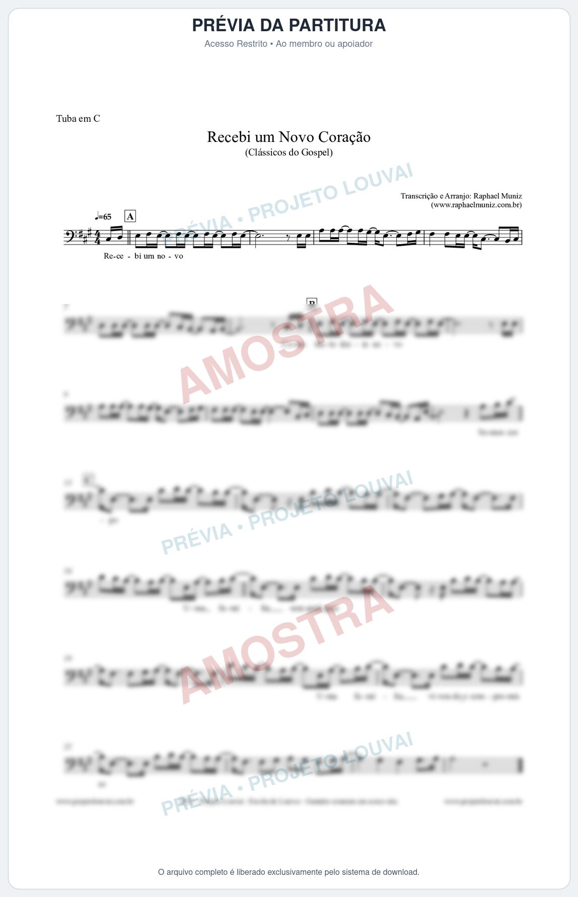 Prévia protegida da primeira página da partitura Partitura para Tuba em C - Recebi um novo coração - Clássicos do Gospel